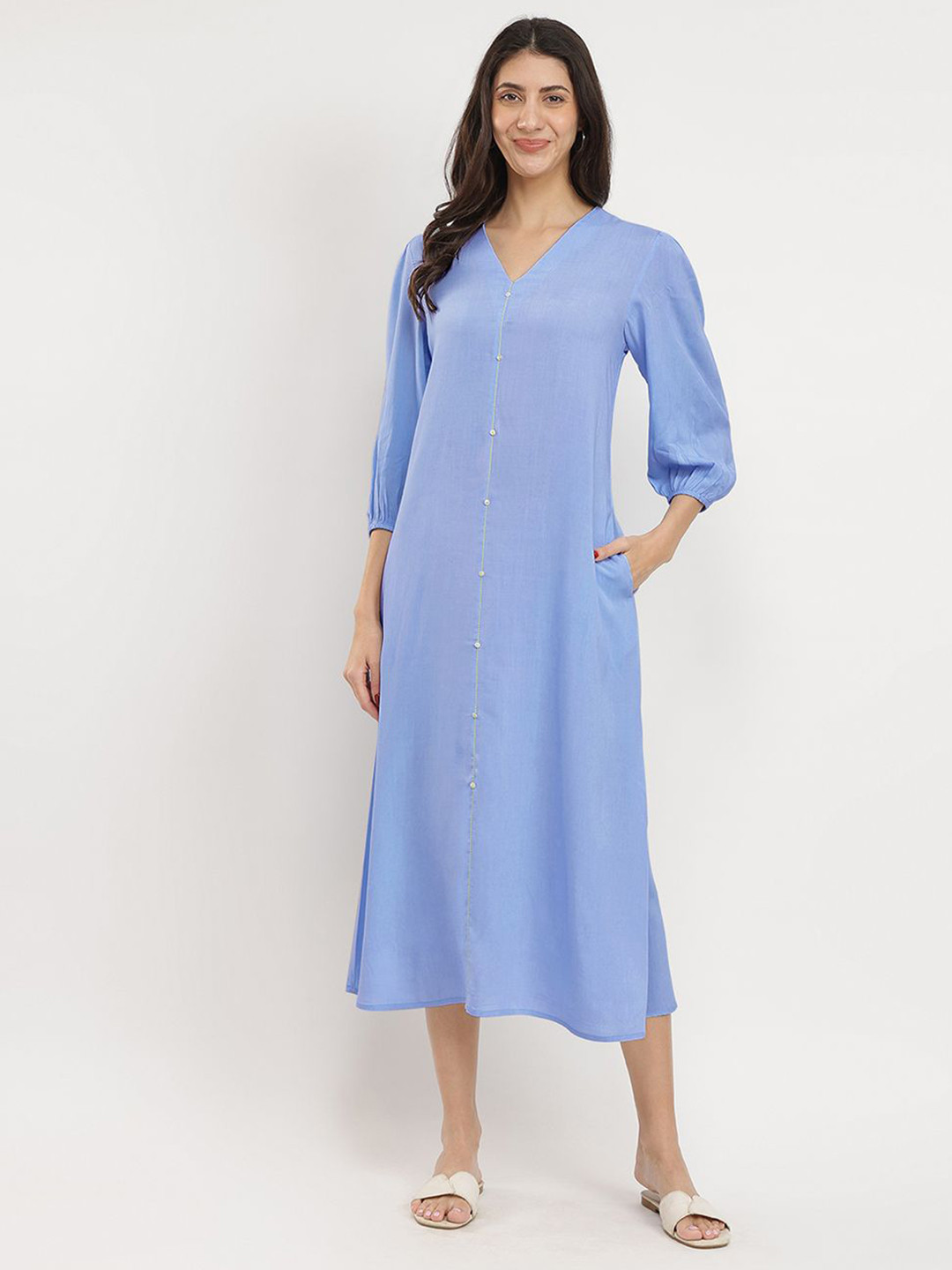 Pink Fort Women Rayon Solid Buttoned Midi Dress Blue