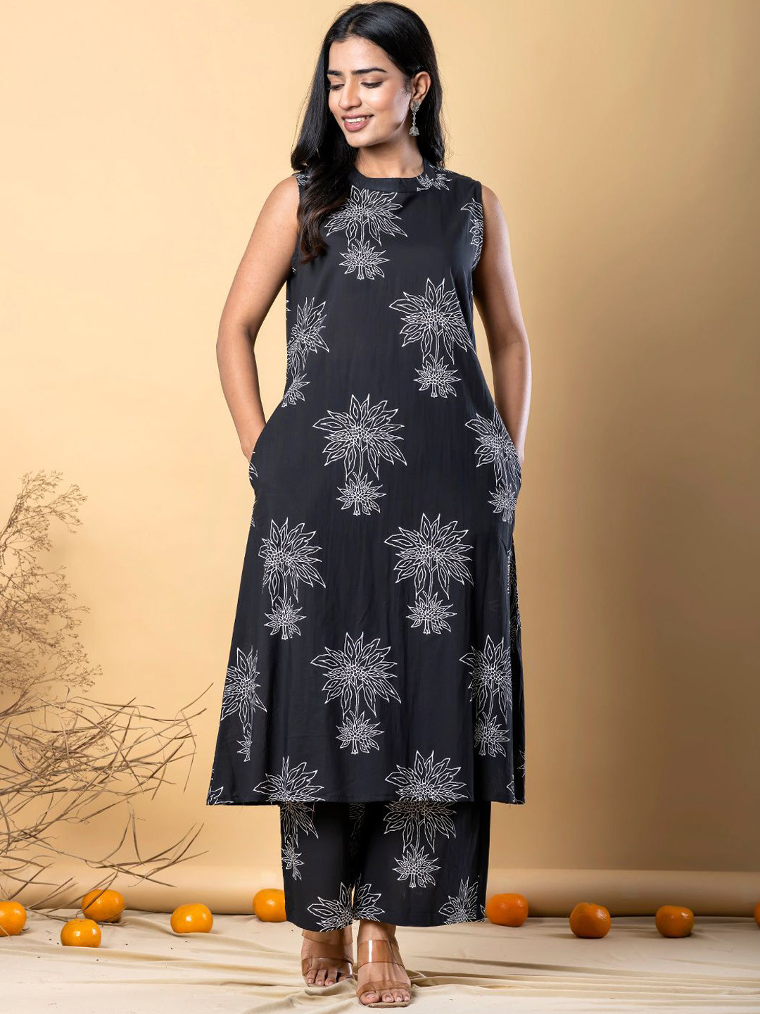 Readiprint Floral Printed Sleeveless Cotton A-Line Kurta With Palazzos