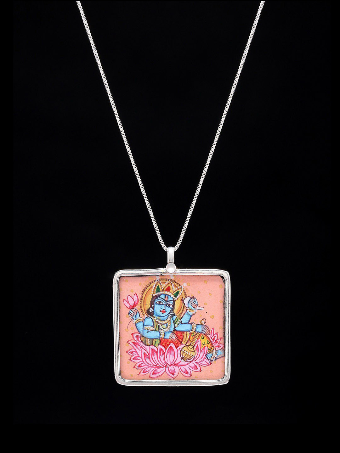 Exotic India Square Shape Hand-Painted Lord Vishnu Pendant In Sterling Silver