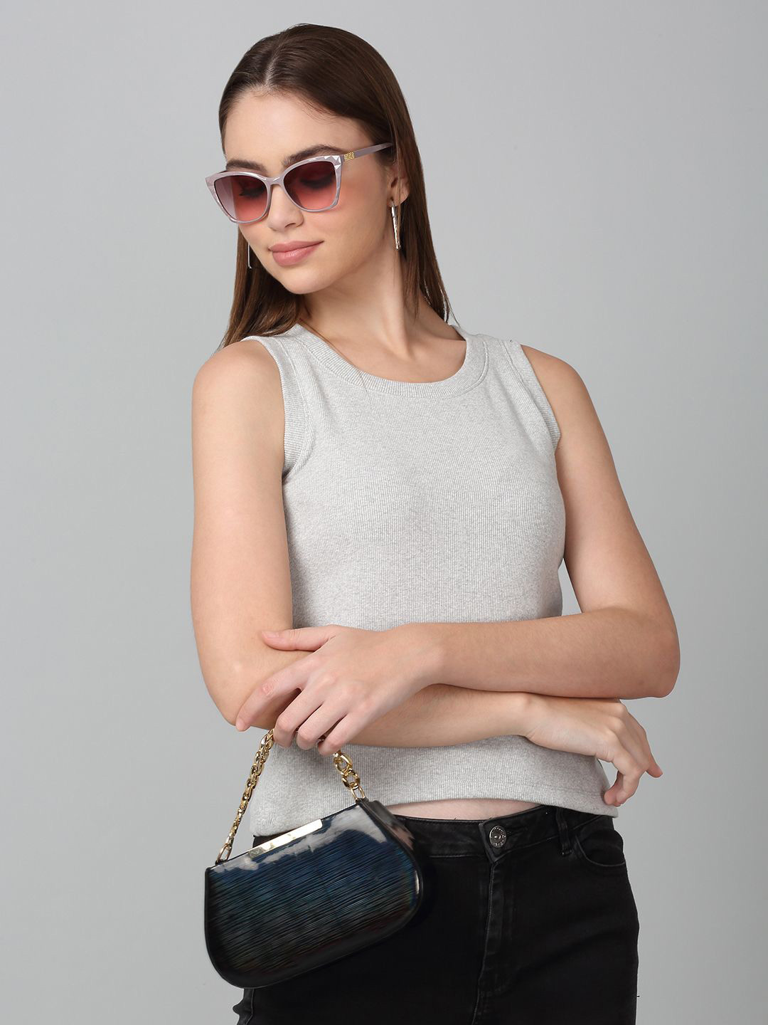 SZN Grey Cotton Ribbed Sleeveless Casual Tank Top