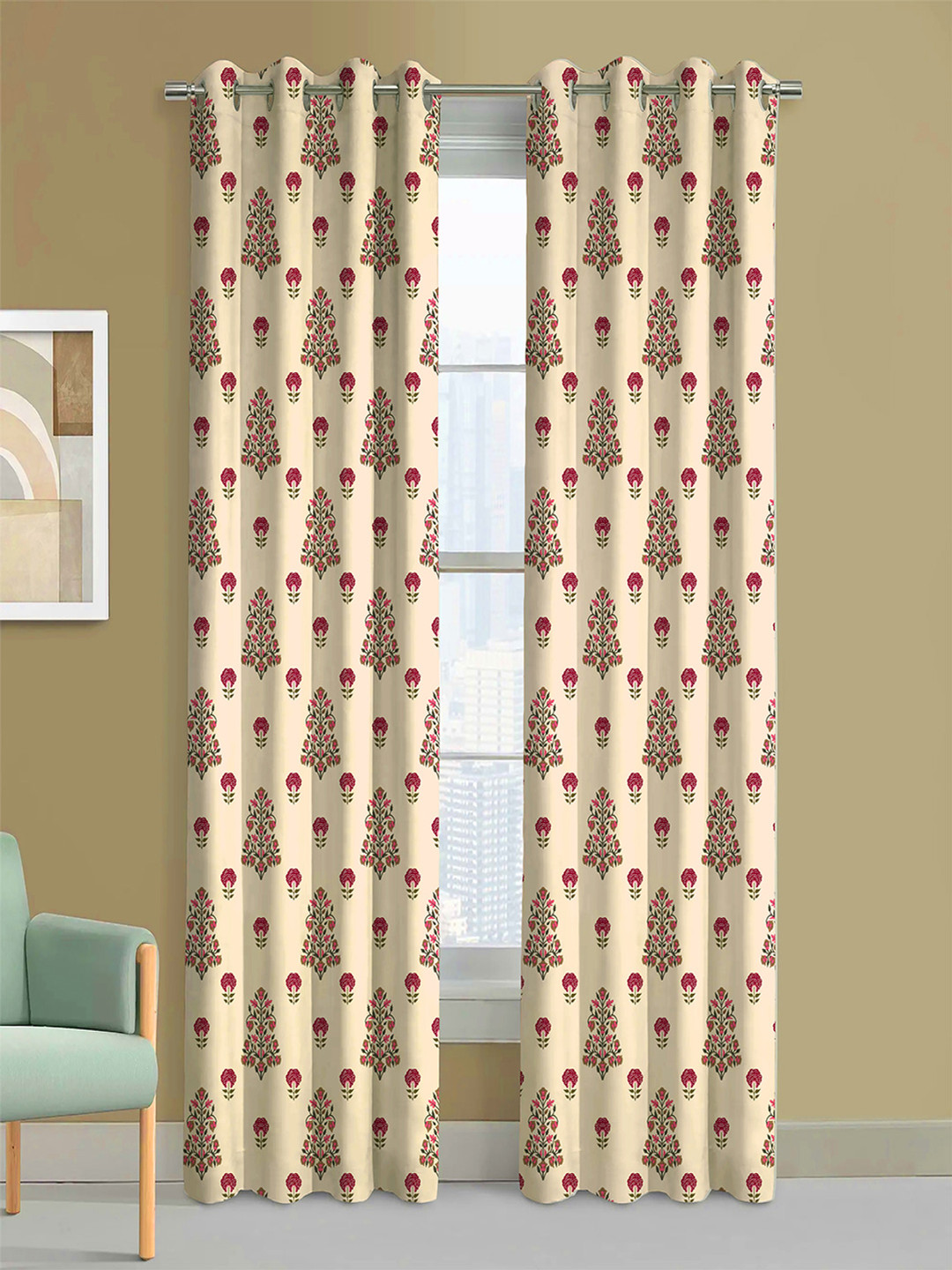 Steve & Anderson Indian Motifs Cream & Pink 2 Pieces Black Out Door Curtain (7 Feet)