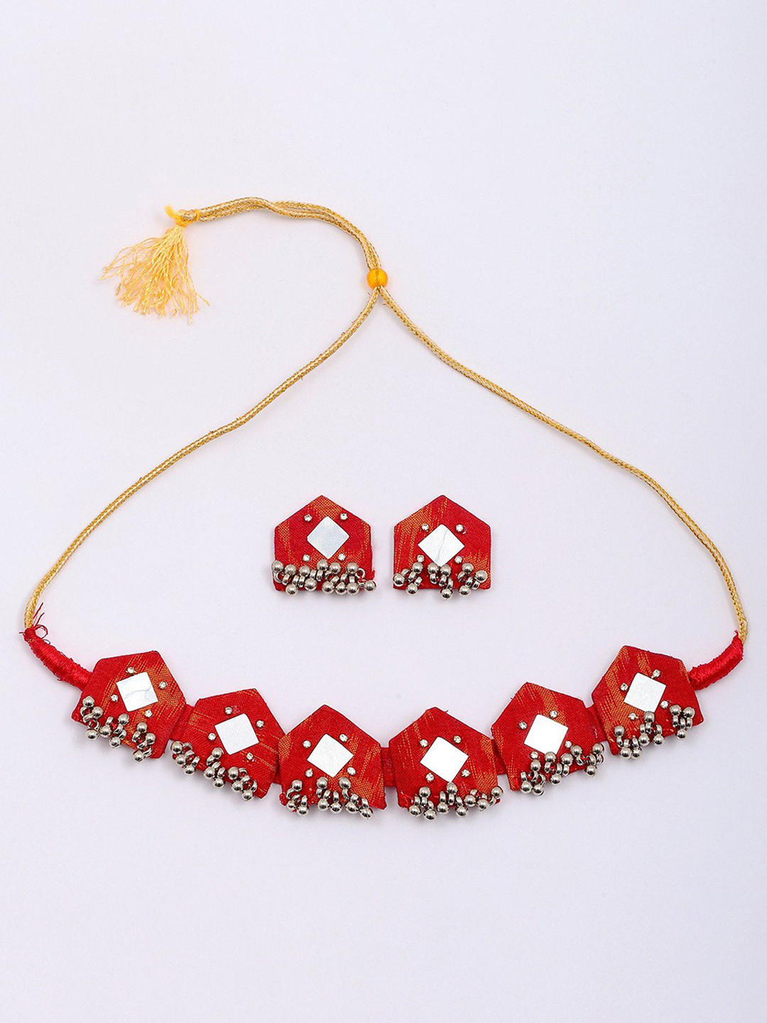 Exotic India Handloom Sambalpuri Fabric Choker and Earrings Set with Dangling Beads