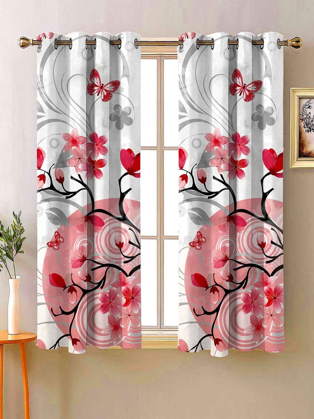 Steve & Anderson Aura Red & White 2 Pieces Floral Printed Window Curtain (5 Feet)