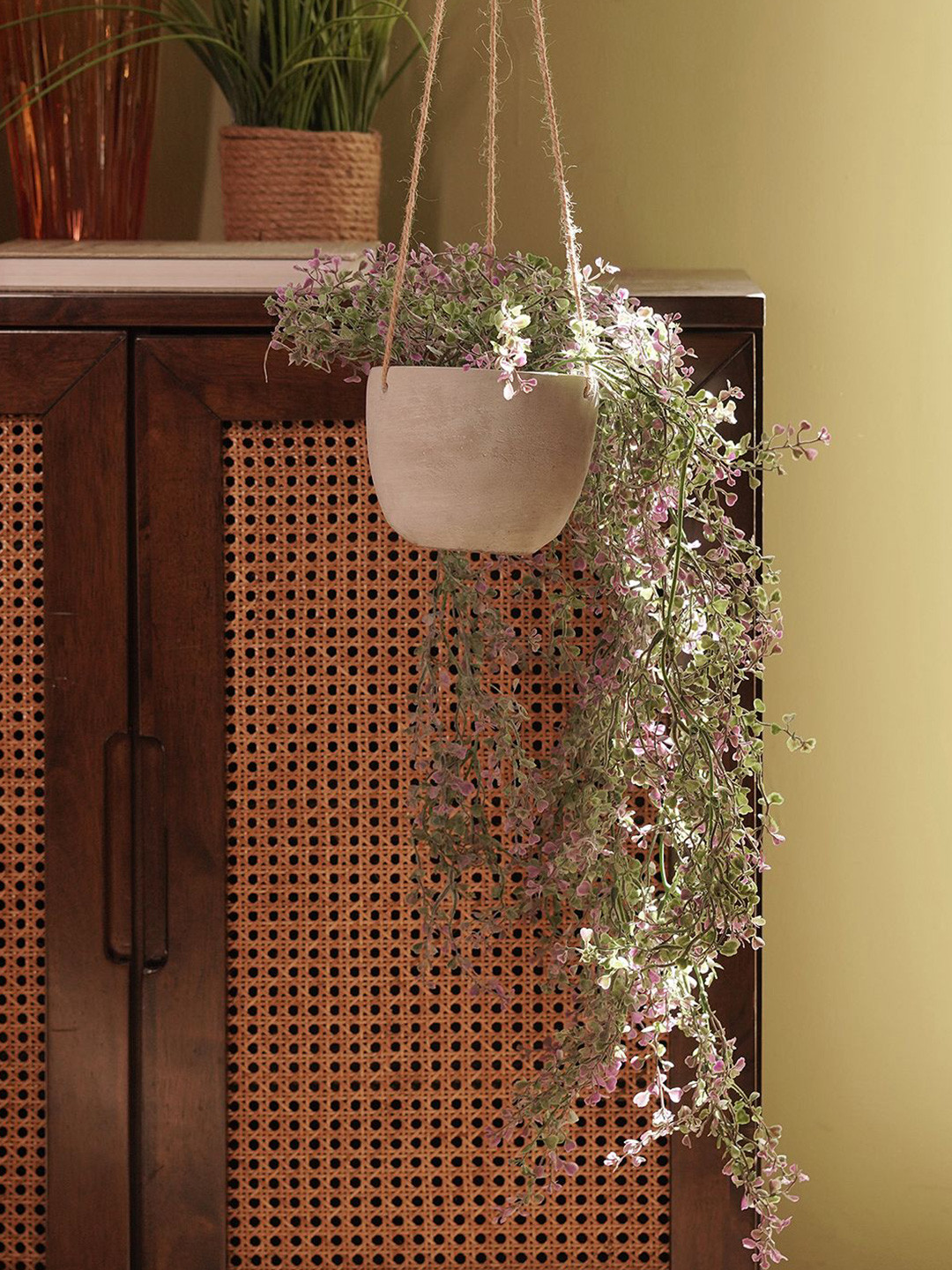 Pure Home and Living Green Hanging Artificial Plant with Cement Pot