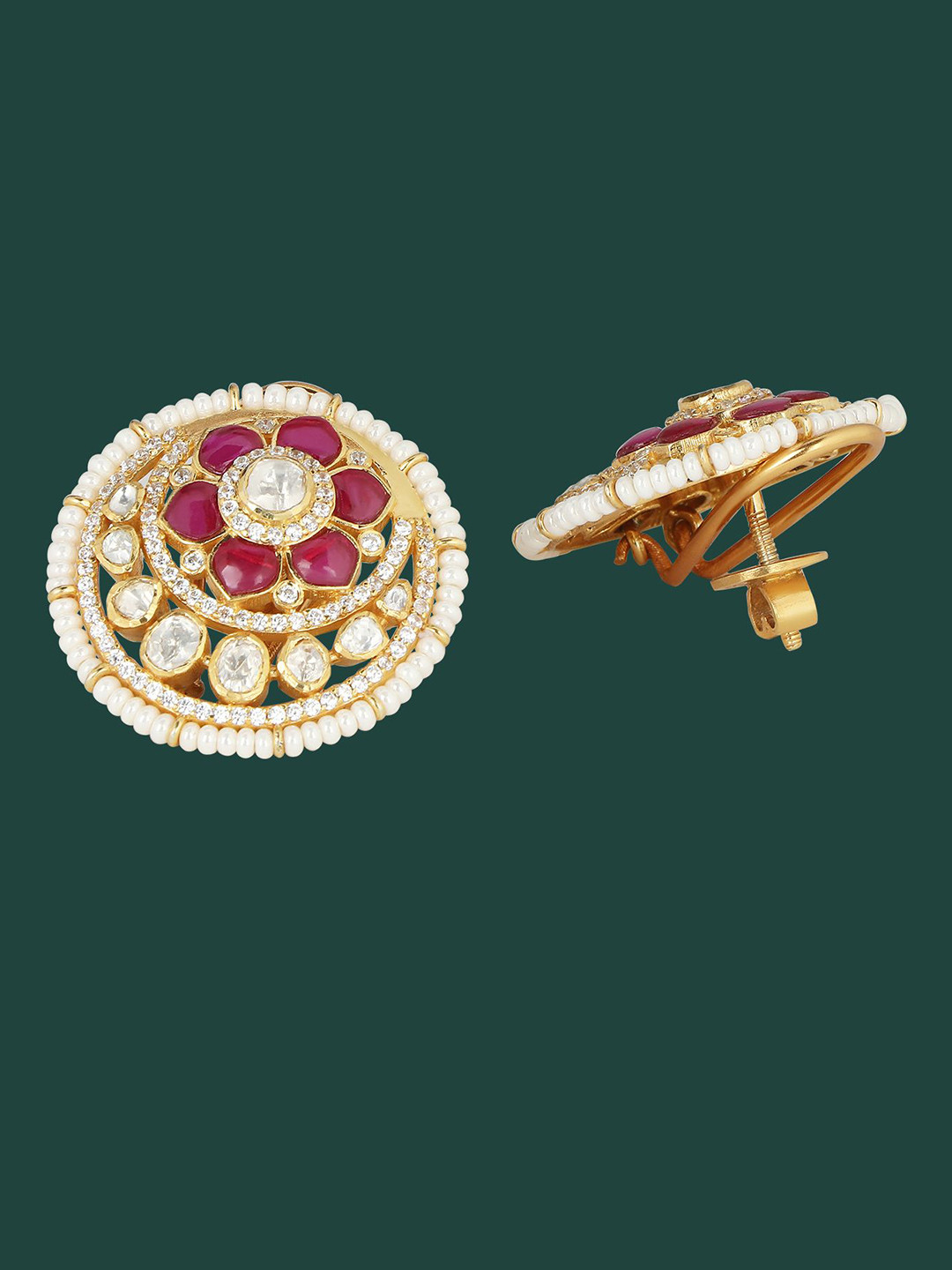 Sica Jewellery Sterling Silver Rhodium-Plated Circular Shaped Kundan Studded Studs