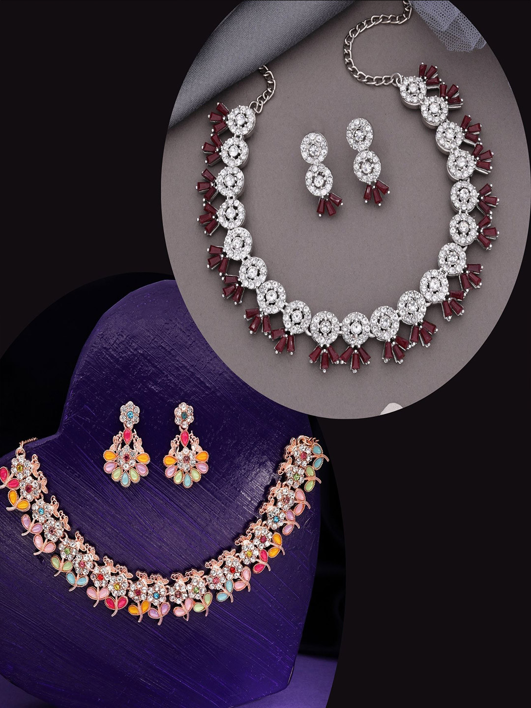 DIVASTRI SSet Of 2 Rose Gold & Silver-Plated American Diamonds Studded Jewellery Set