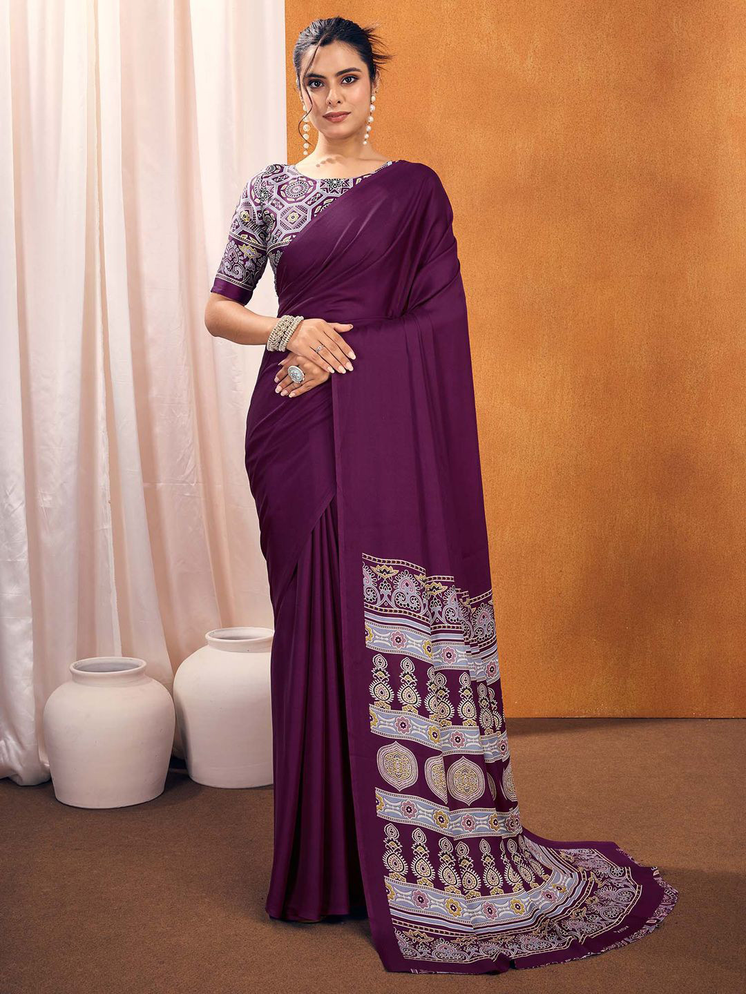 Mitera modal Ajrak Block Satin Designer SareeWith Blouse Piece