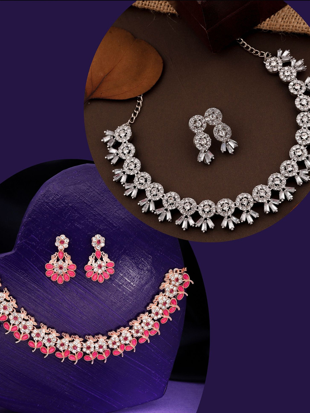 DIVASTRI Set Of 2 Gold And Silver-Plated Stone Studded Jewellery Set