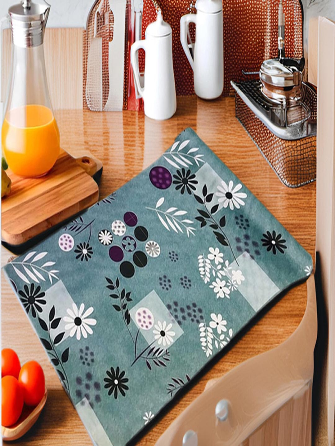 REVEXO Sea Green & White Floral Printed Water Resistant Shelf Liner Organisers