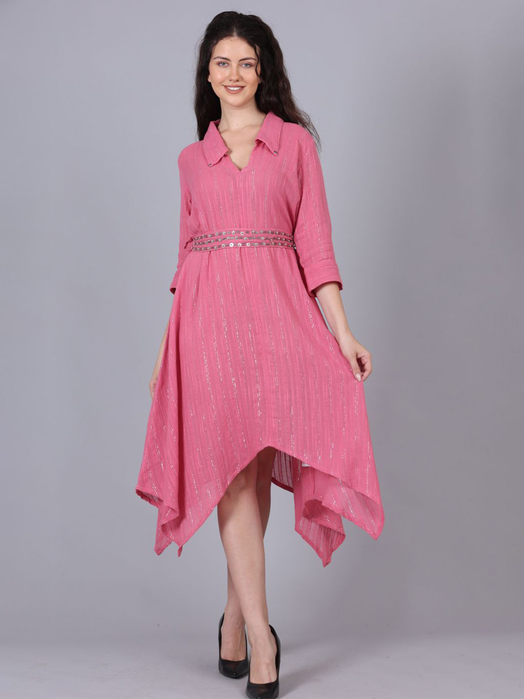 POPPIES LANE Flamingo Pink Lurex Long Dress With Belt