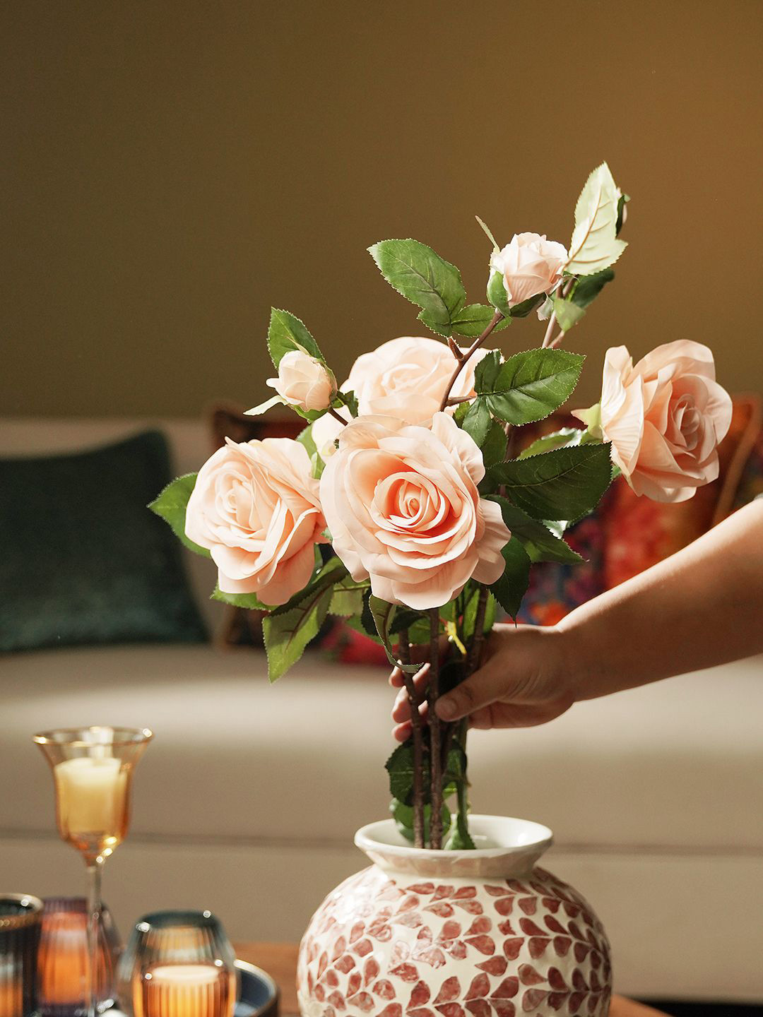 Pure Home and Living Pink & Green Rose Artificial Flower Stem