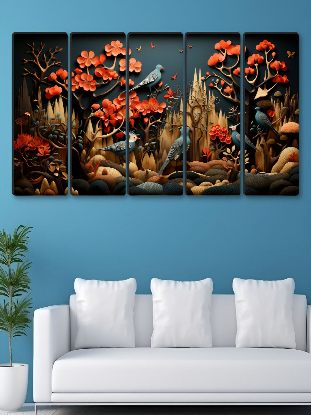 Myntra Elegant Homes Birds Sitting Canvas 5 Pcs Rectangle Paintings Wall Art - 10x30In