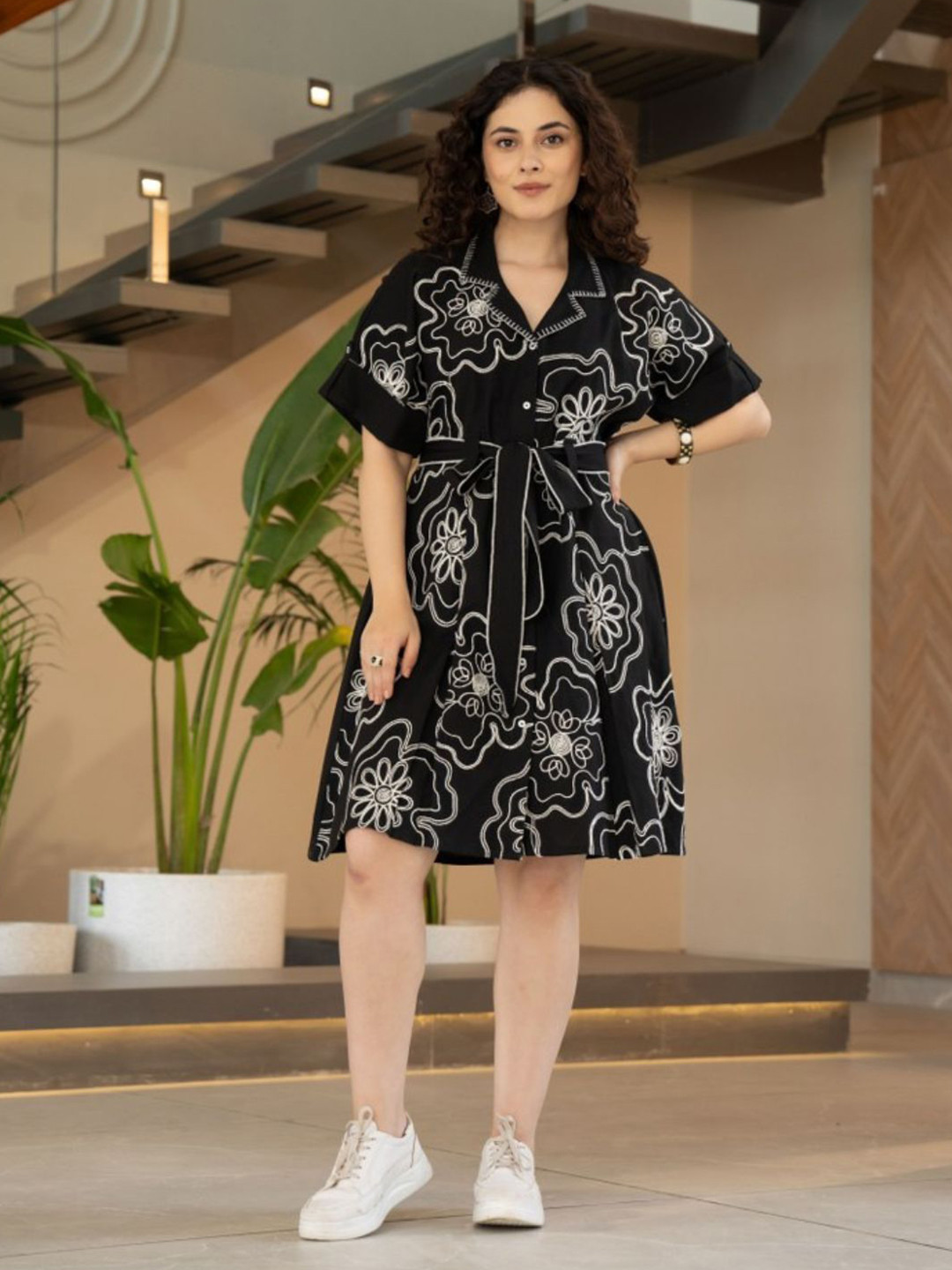 Zolo Label Women Elegant Black Embroidered Midi Dress with Belt