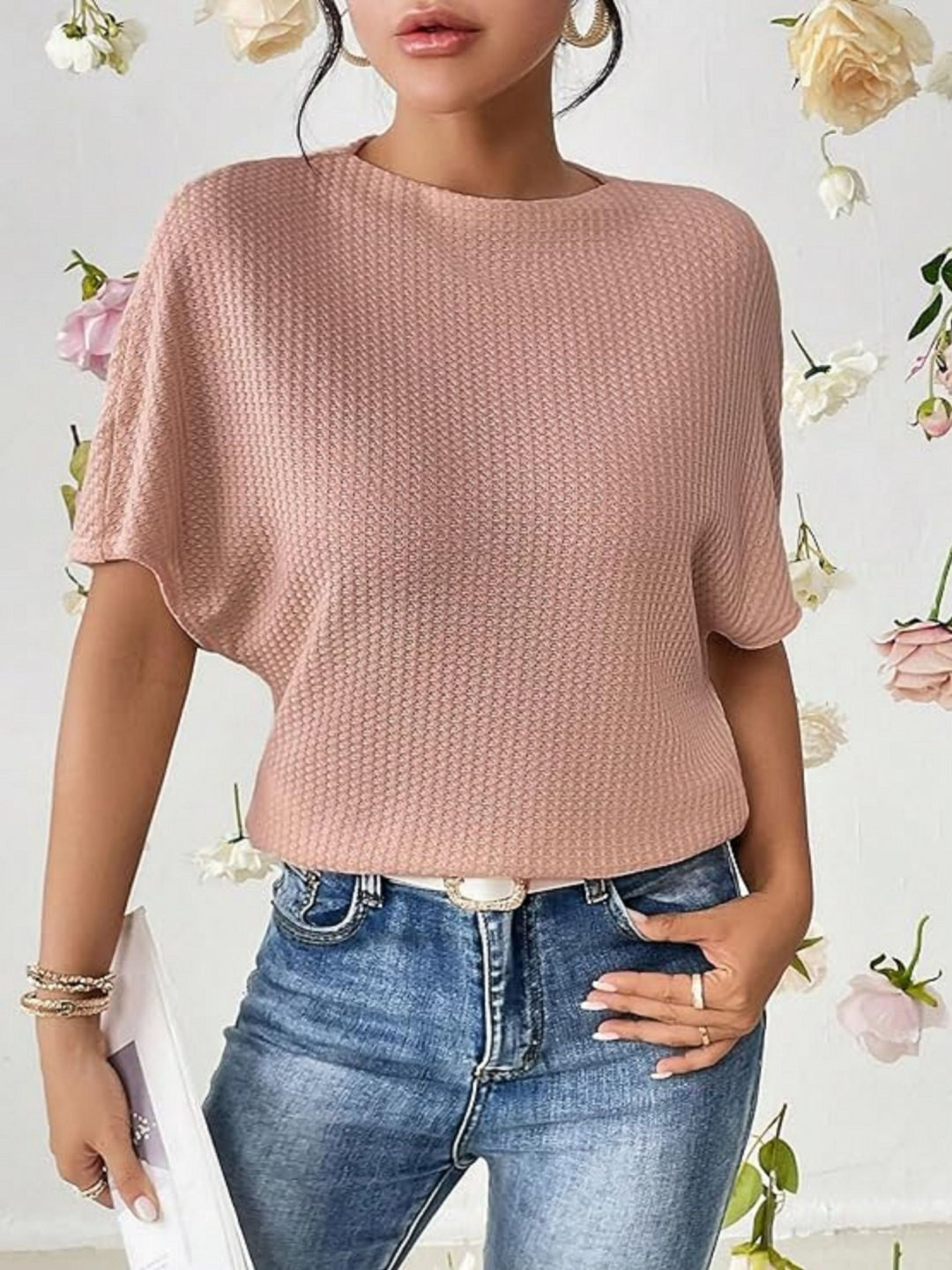 Fashion2wear Women Self Design Round Neck Cotton T-shirt