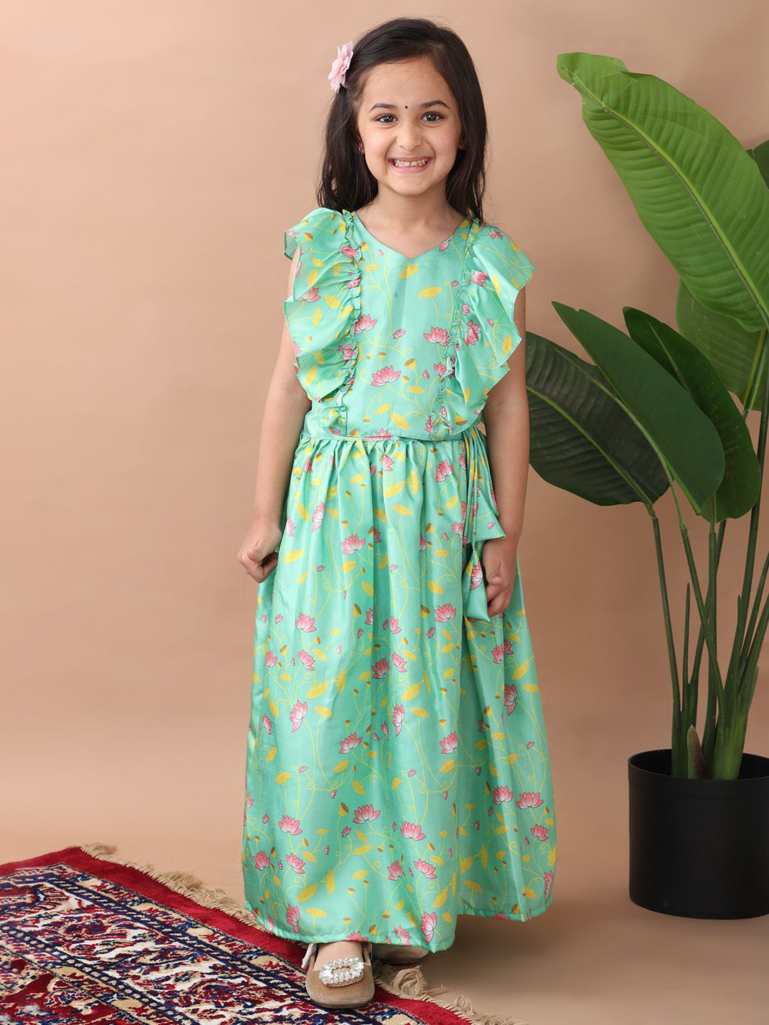 Here&Now X Kinder Kids Girls Floral Printed Cap Sleeves Ready to Wear Lehenga & Choli