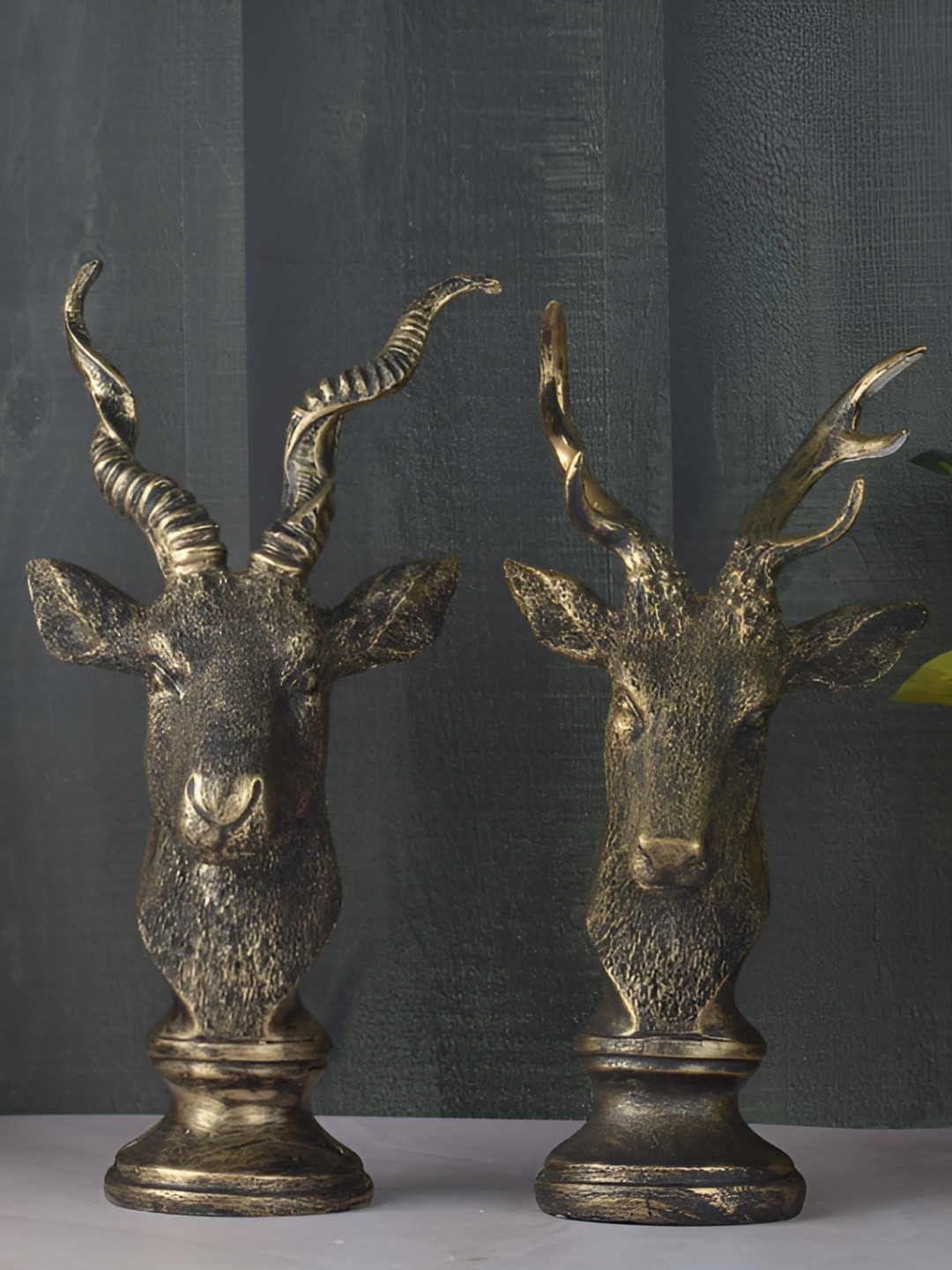 The Gharnish Deer Gold Polyresin Matte Living Room Set of 2 Medium Showpieces - 12 Inches
