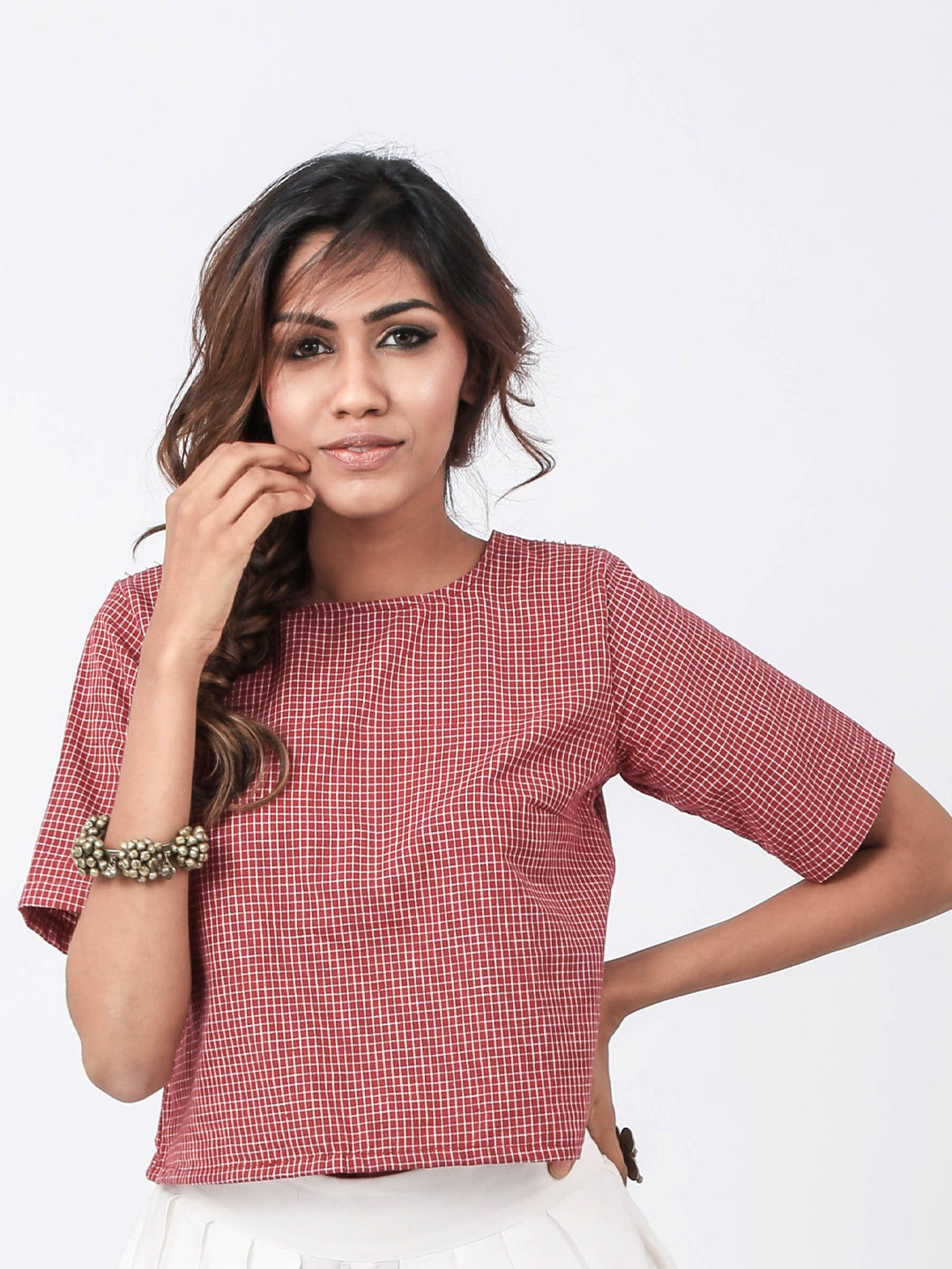 Aapro Maroon Ikat Checks Box Crop Top