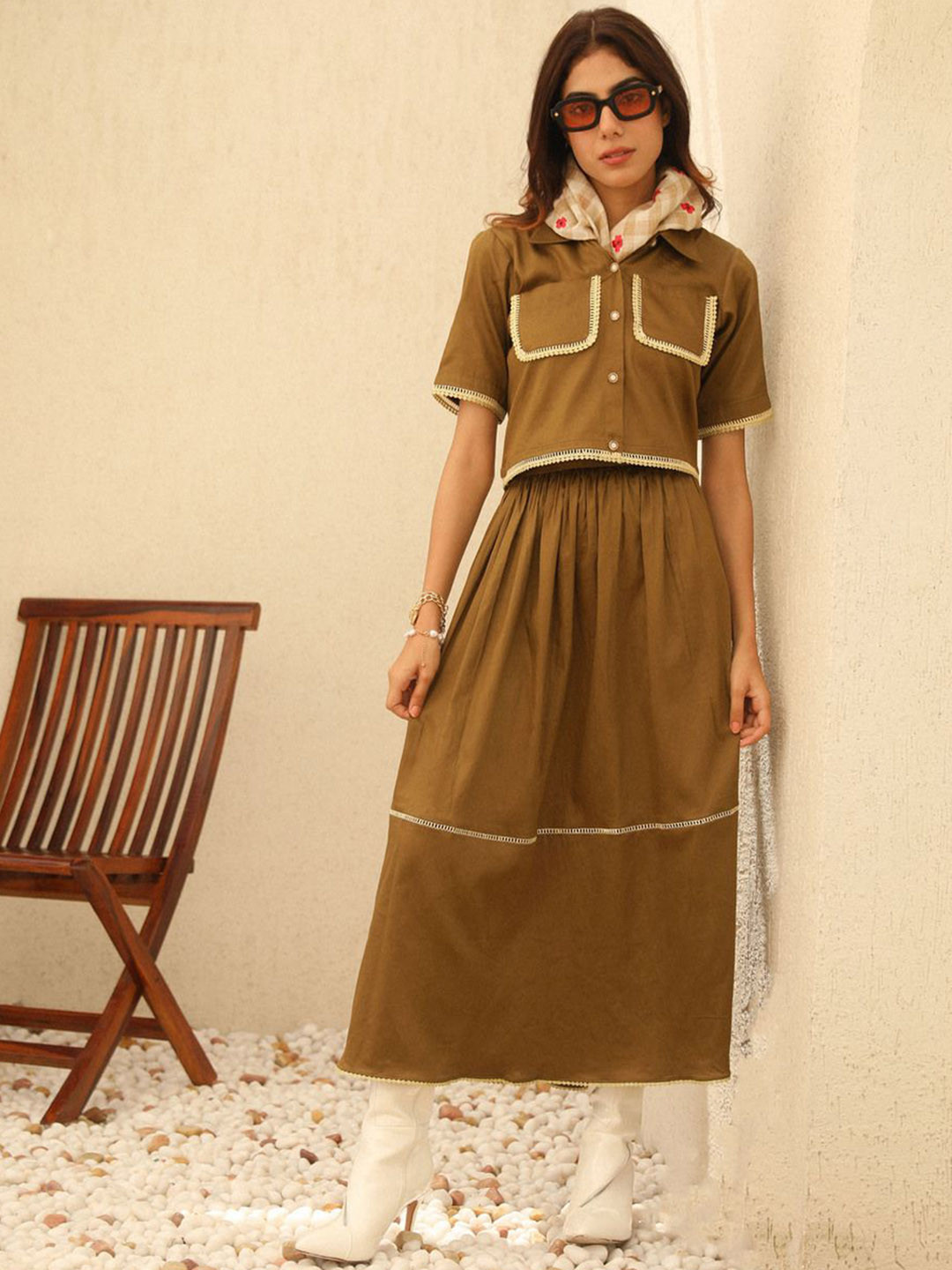 YA-SA Women Pure Cotton Flared Midi Skirt