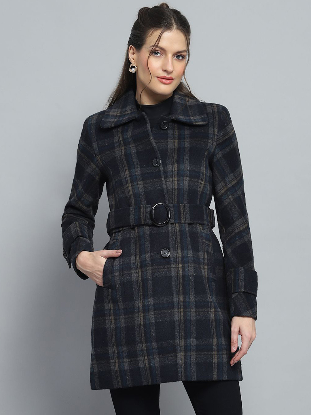 Monte Carlo Checked Collared Neck Full Sleeves Single Breasted Coat