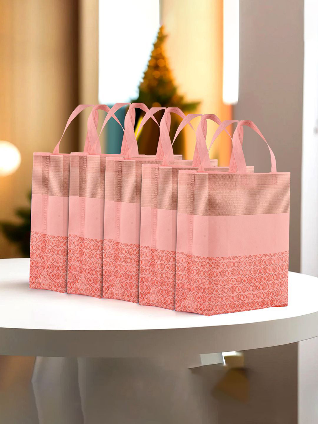 Kuber Industries Pack of 5 Non-Woven Shopping Bag Striped Shopper Tote Bag with Tasselled