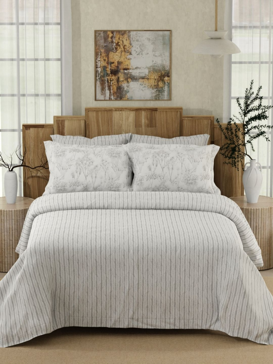 Boutique Living India Isabella White Striped Cotton 500TC King Bedsheet Set 2.74m x 2.74m