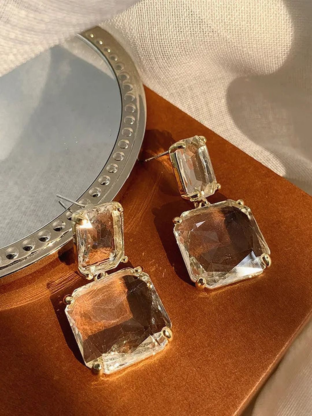 BEYTER Cubic Zirconia Stone Studded Square Shaped Drop Earrings