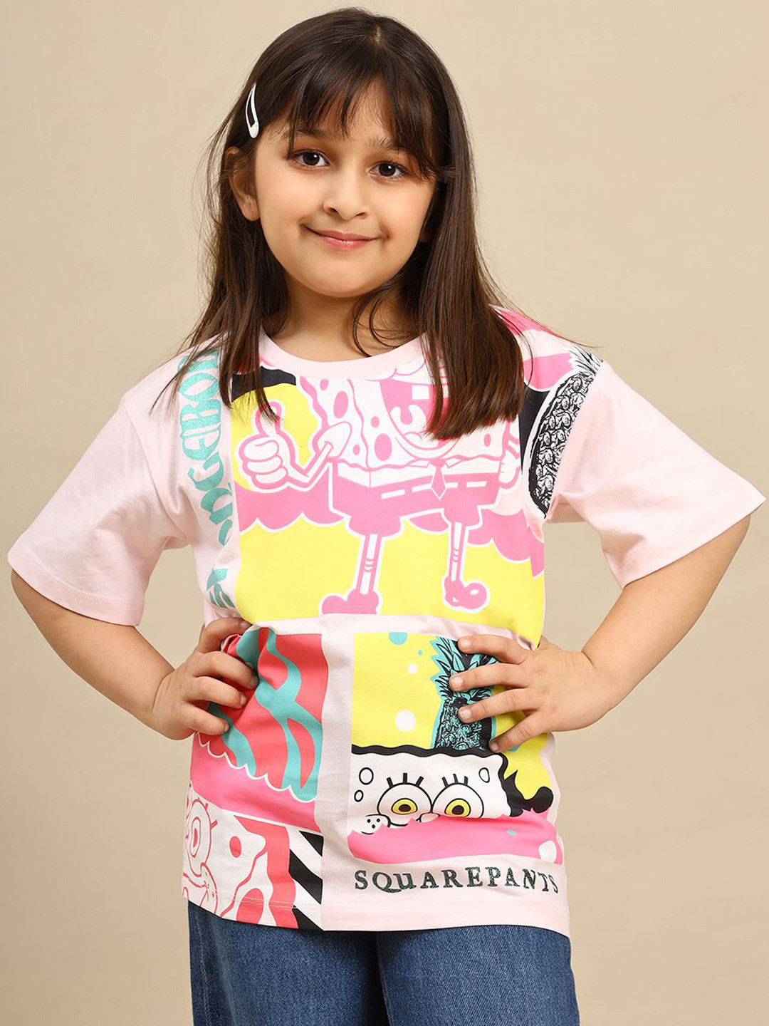 Kids Ville Girls Sponge Bob Squarepants Graphic Printed Regular Fit Cotton Tshirt