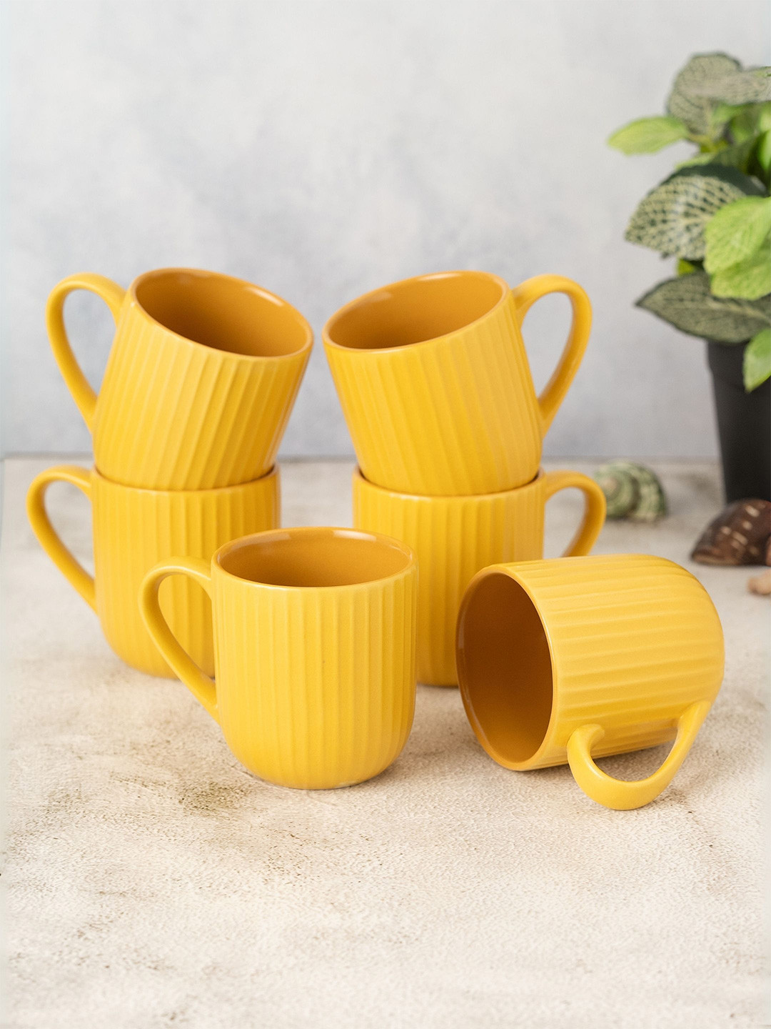 CLAY CRAFT Ceramic Linea Mustard Coffee Mugs Set Of 6, Cups For Tea & Coffee, Mug Set
