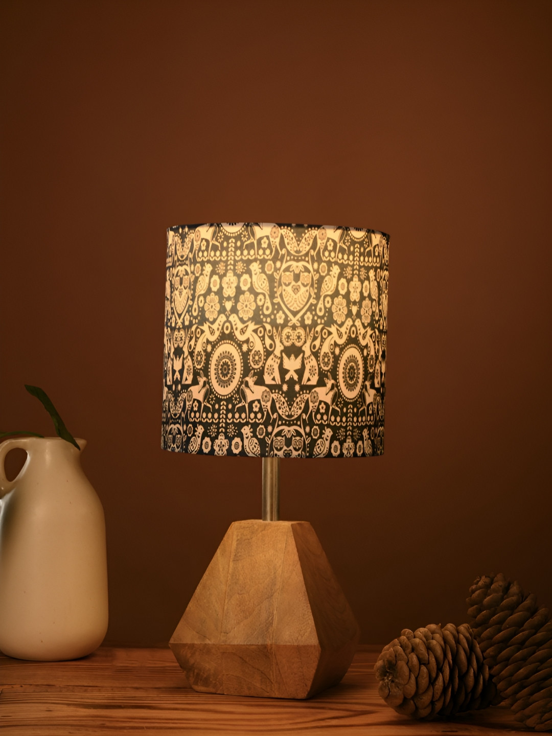 green girgit Brown & Black Printed Cylindrical Shaped Wooden Table Lamp with Bulb