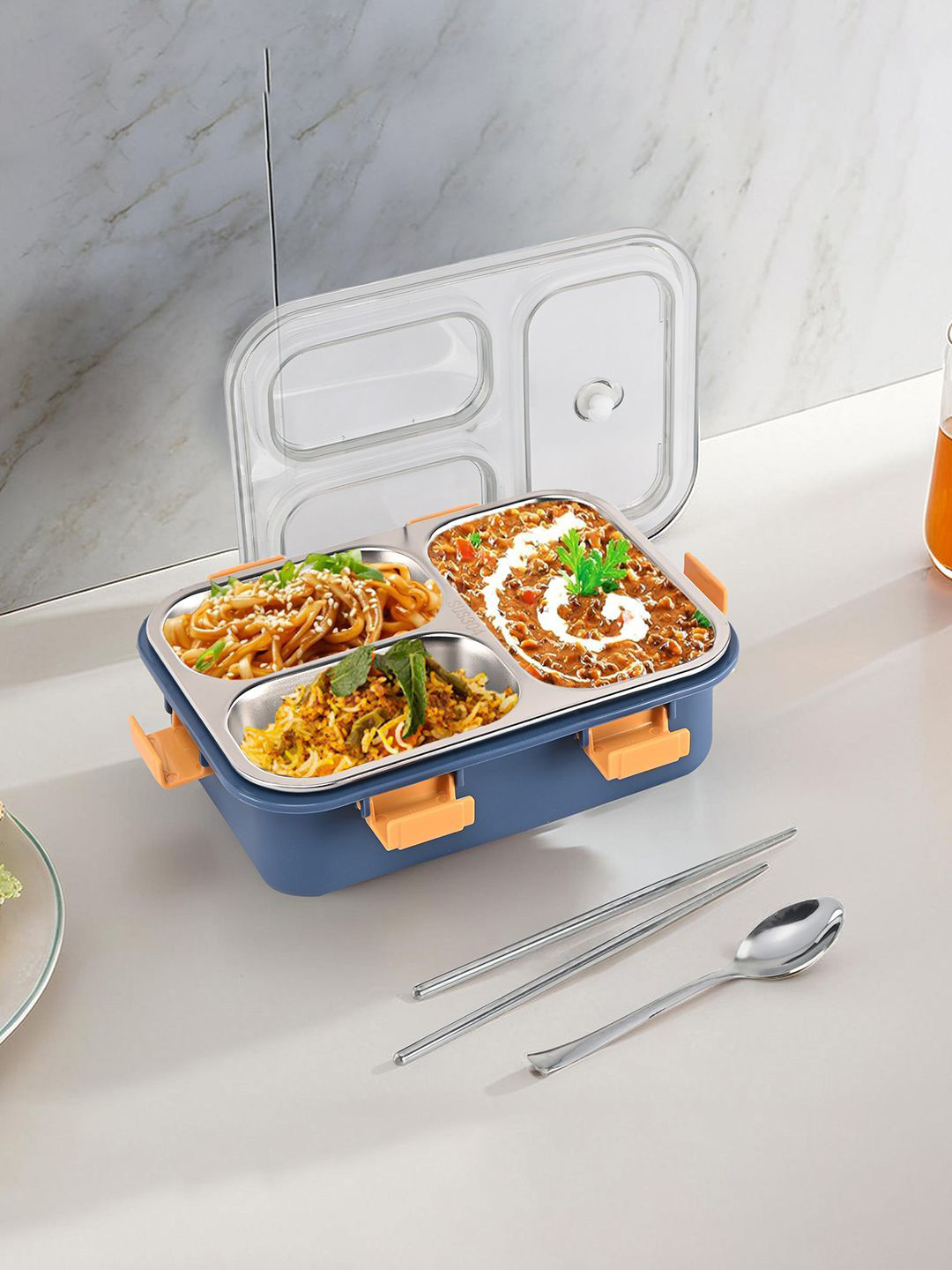 Kuber Industries Blue Solid Plastic Safe Pack 3PCs Lunch Box With Spoon and Fork