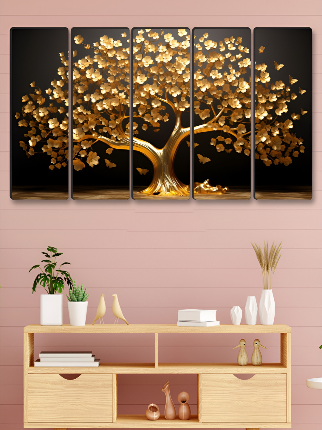 Myntra Elegant Homes Gold-Toned & Black 5 Pieces Vastu Money Tree Canvas Wall Art