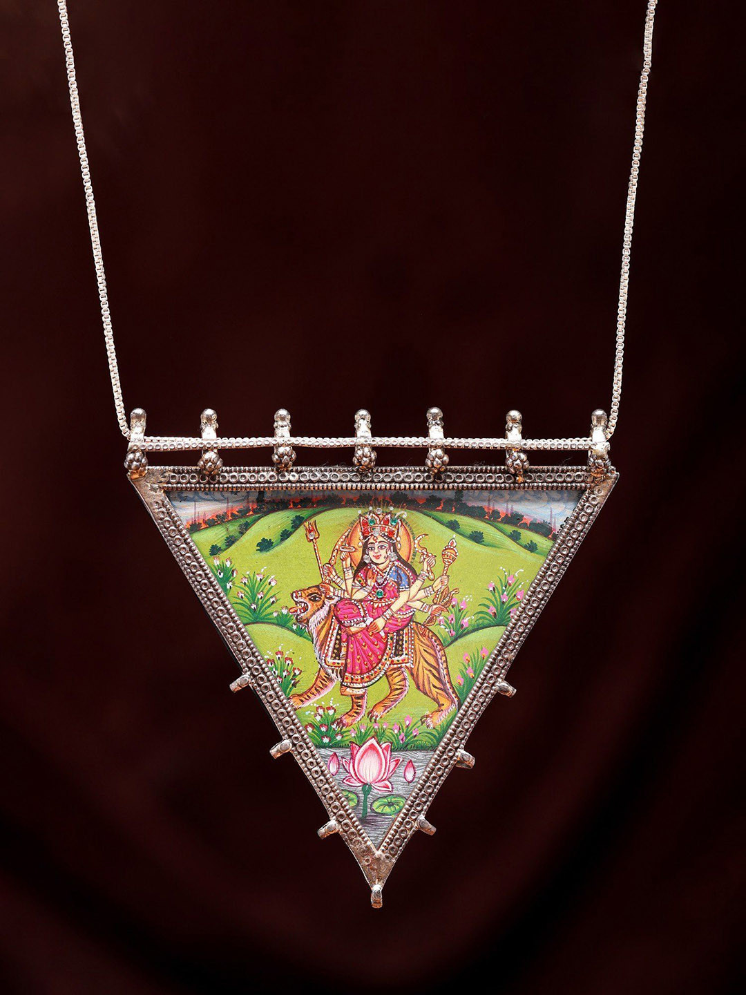 Exotic India Triangle Shape Hand-Painted Goddess Durga Pendant