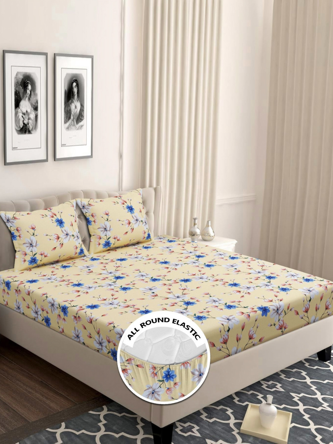 bsb home Premium Valancia Beige Floral Microfiber Skin-Friendly 210 TC Fitted King Bedsheet with 2 Pillow Covers-78 x 72 inches