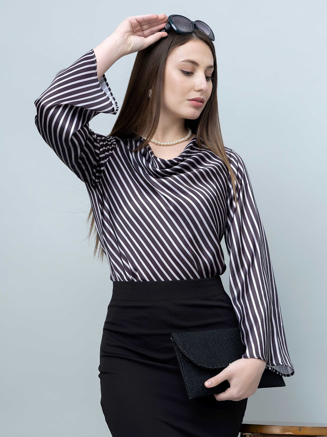 PURYS Striped Cowl Neck Bell Sleeve Sheen Satin Top