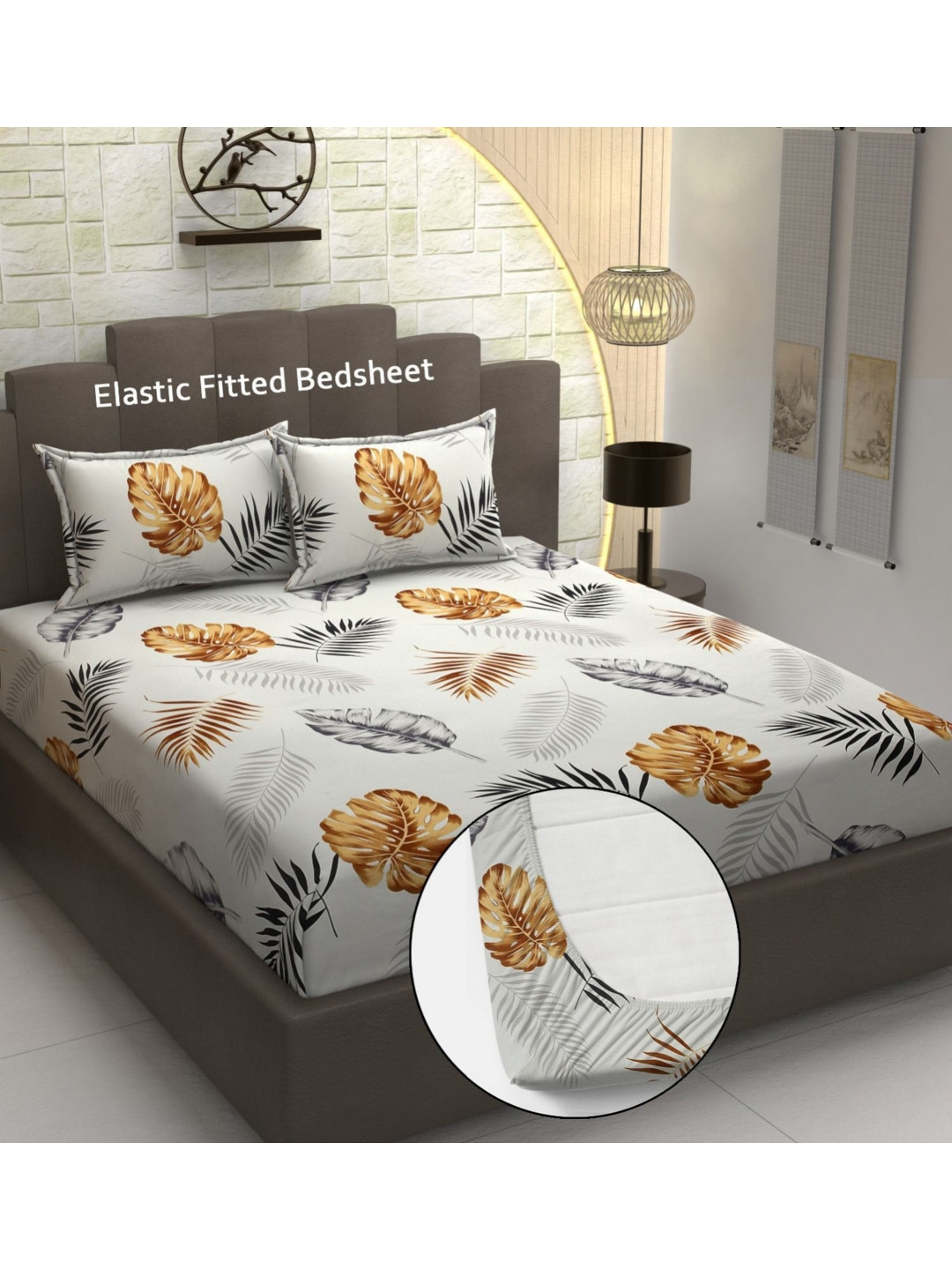 Banchmark Home Furnishings White Leaf Cotton 200 TC Fitted King Fine Bedsheet with 2 Pillow Covers-72 x 78 inches