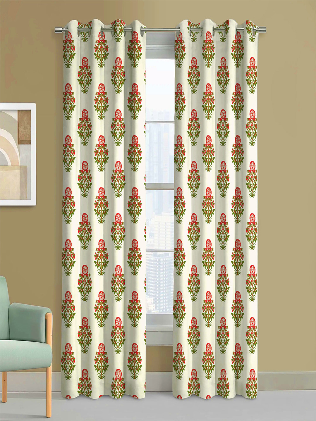 Steve & Anderson Bharat Motifs Red And White 2 Pieces Floral Long Door Curtain (9Feet)