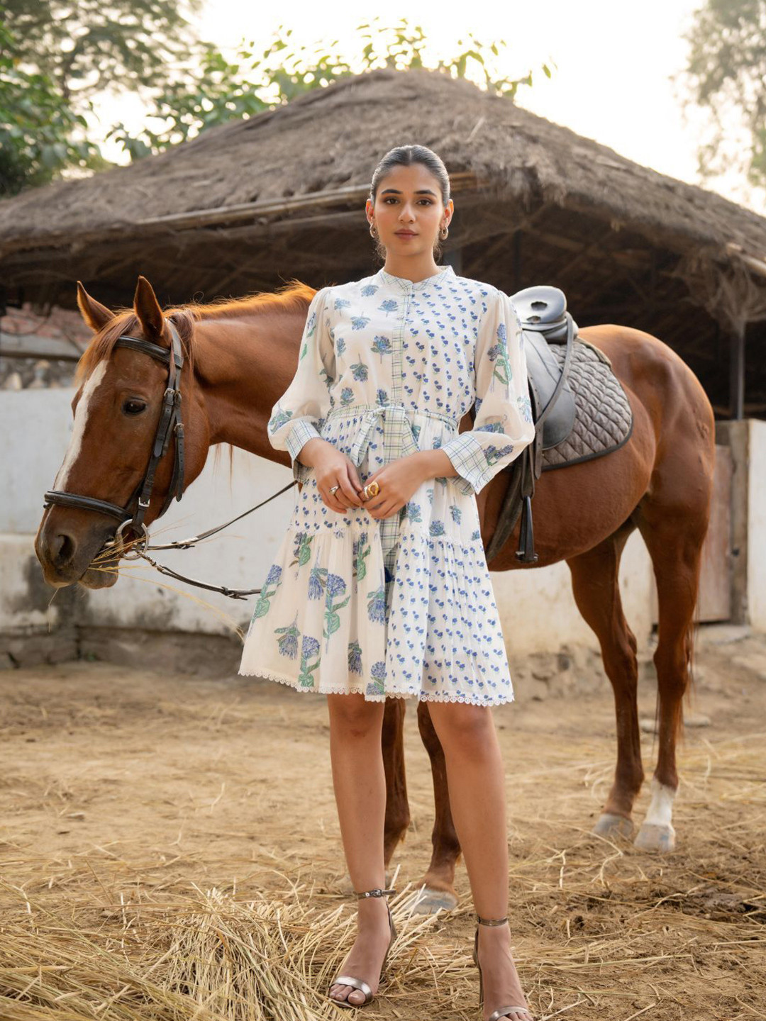 Zolo Label Women White & Blue Floral Embroidered Cotton Mini Fit & Flare Dress
