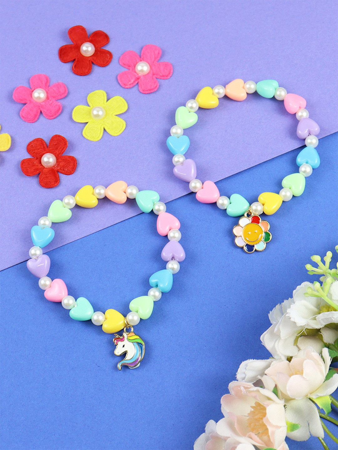 Asthetika Kids Girls Set Of 2 Artificial Beaded Unicorn Floral Smiley Charm Bracelet