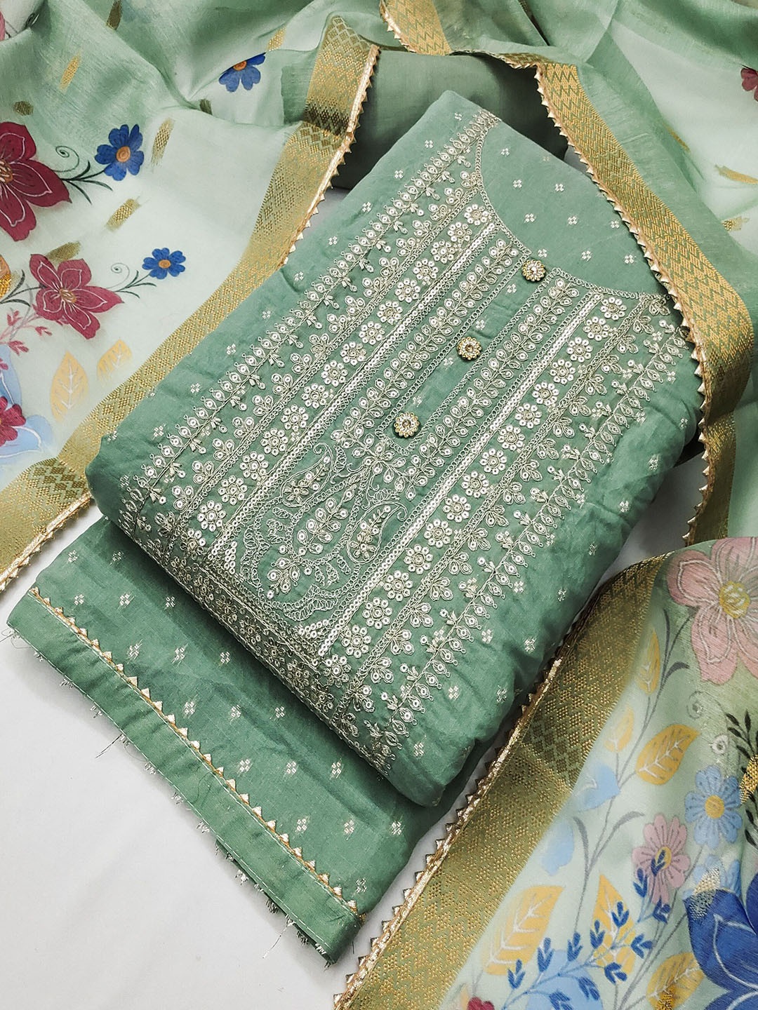 TAVAS Floral Embroidered Sequinned Chanderi Silk Unstitched Dress Material