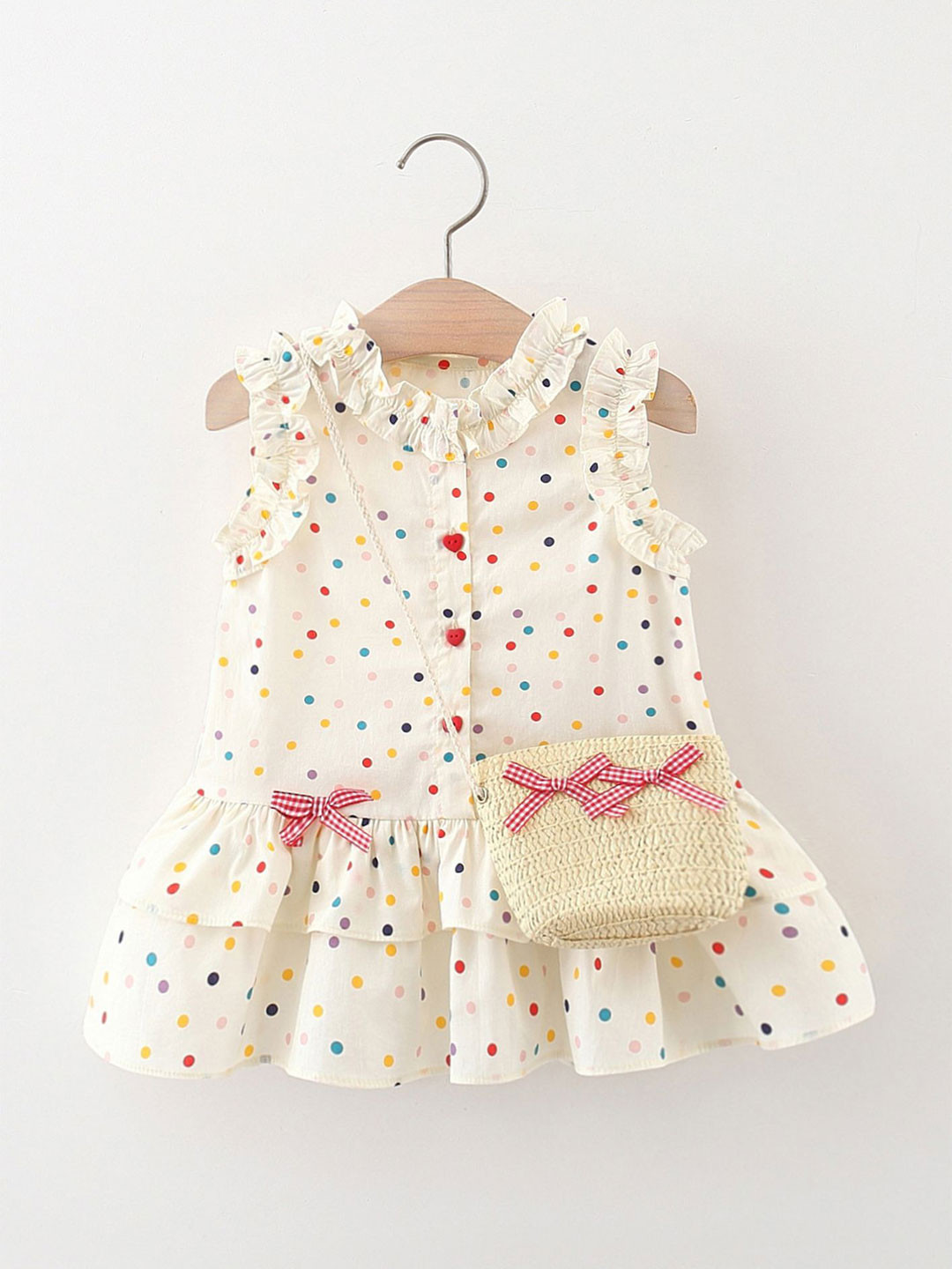 LULU & SKY Girl Polka Dot Print Ruffle Neck Flutter Sleeves Drop-Waist Dress With Bag