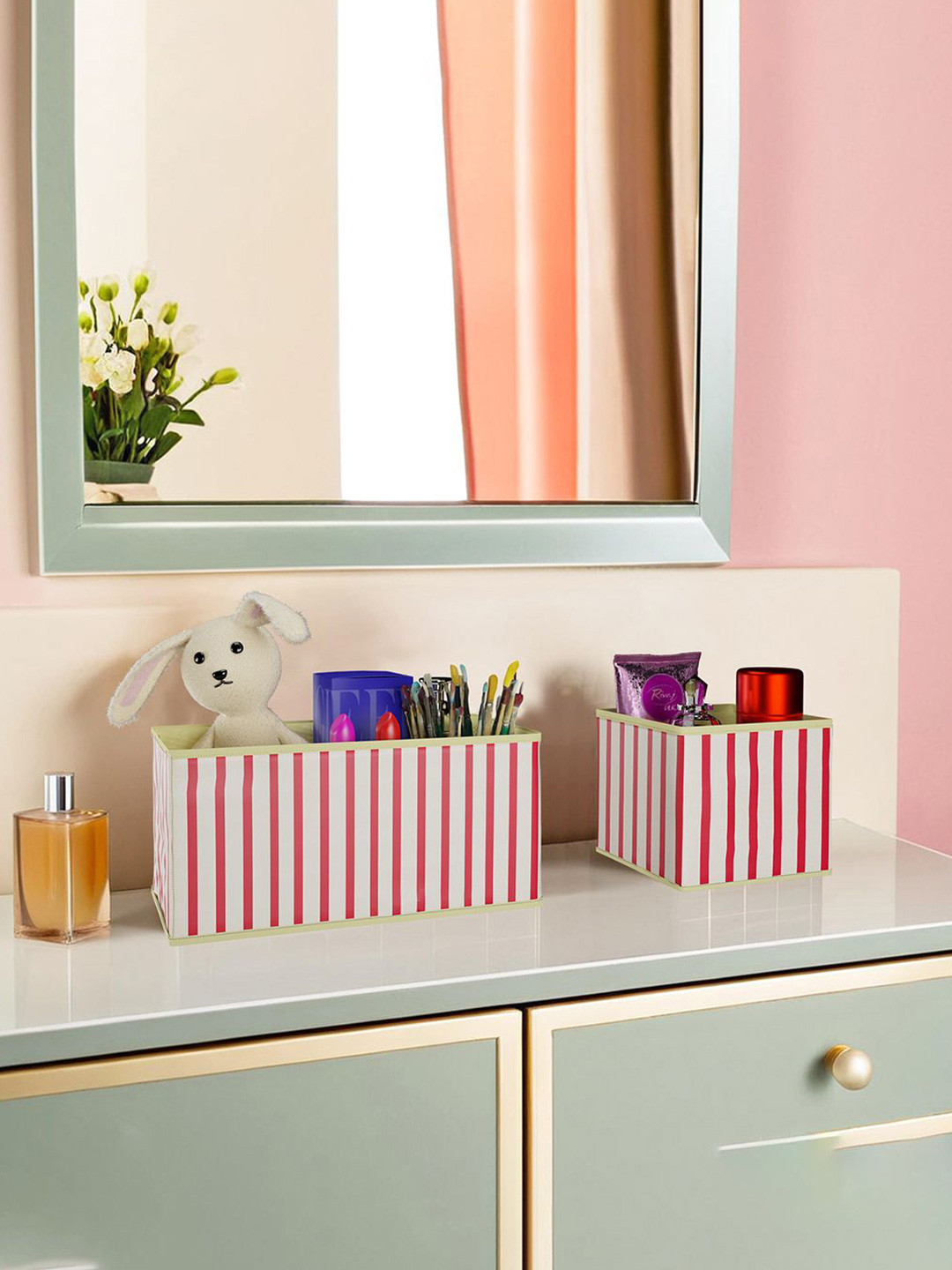 Kuber Industries Cream-Coloured 12 Pieces Striped Cotton Drawer Organizer for Socks