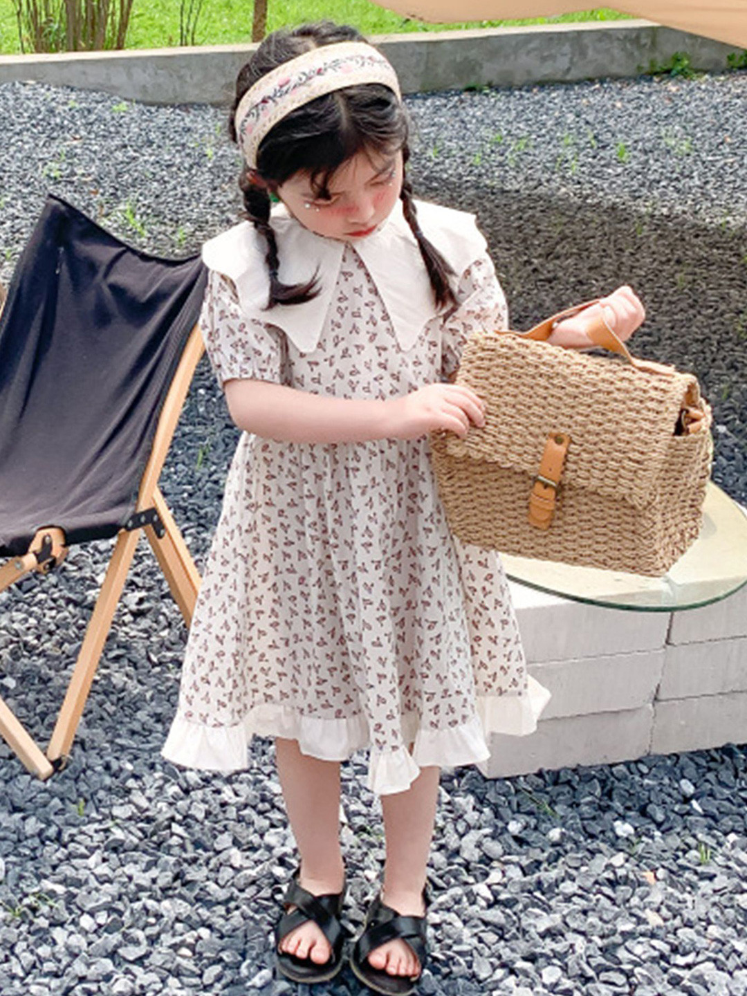 LULU & SKY Girls Printed Above the Keyboard Collar Puff sleeve A-Line Mid Dress