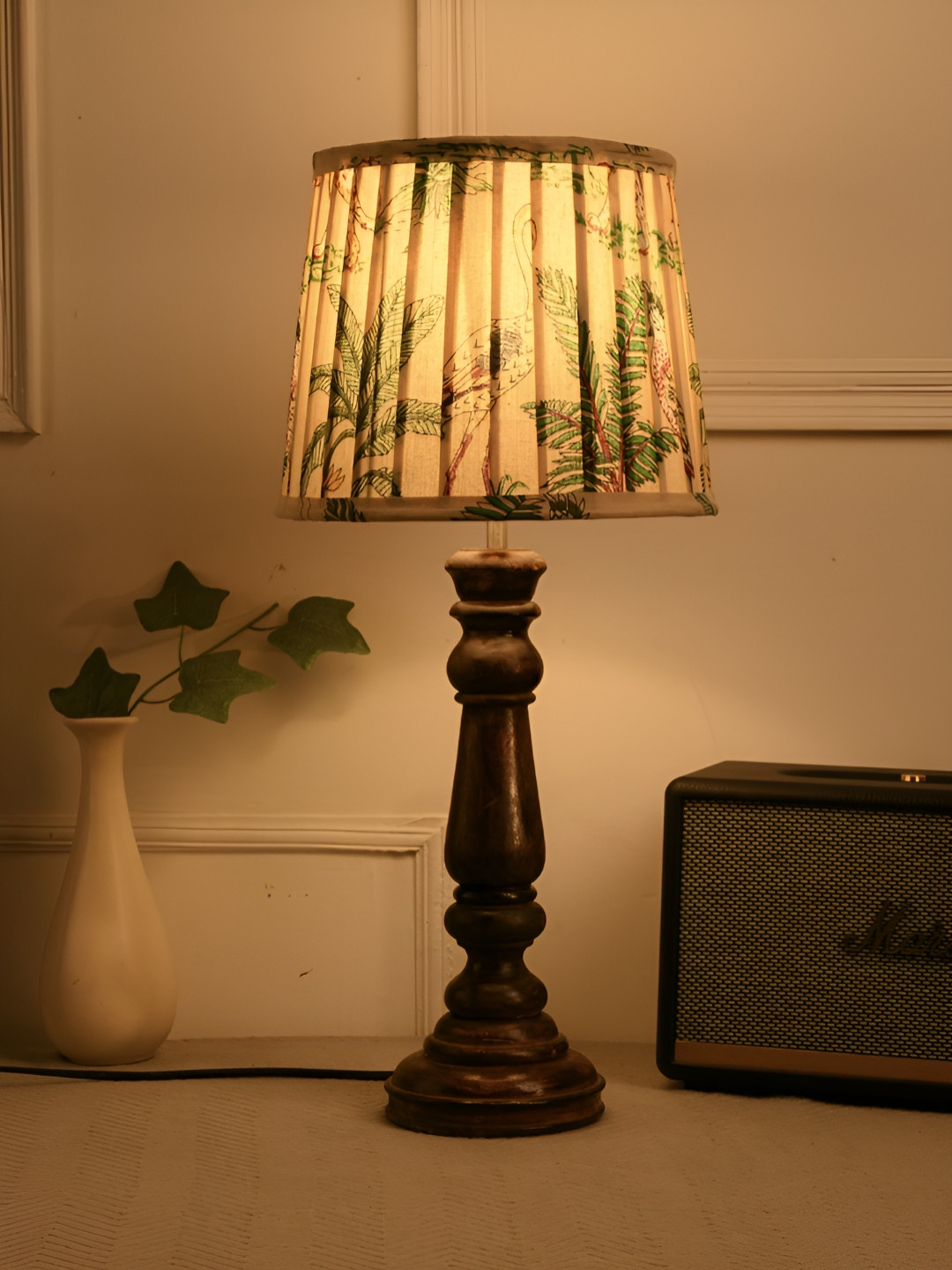green girgit Brown & Green Floral Printed Frustum Shaped Wooden Table Lamp With Bulb