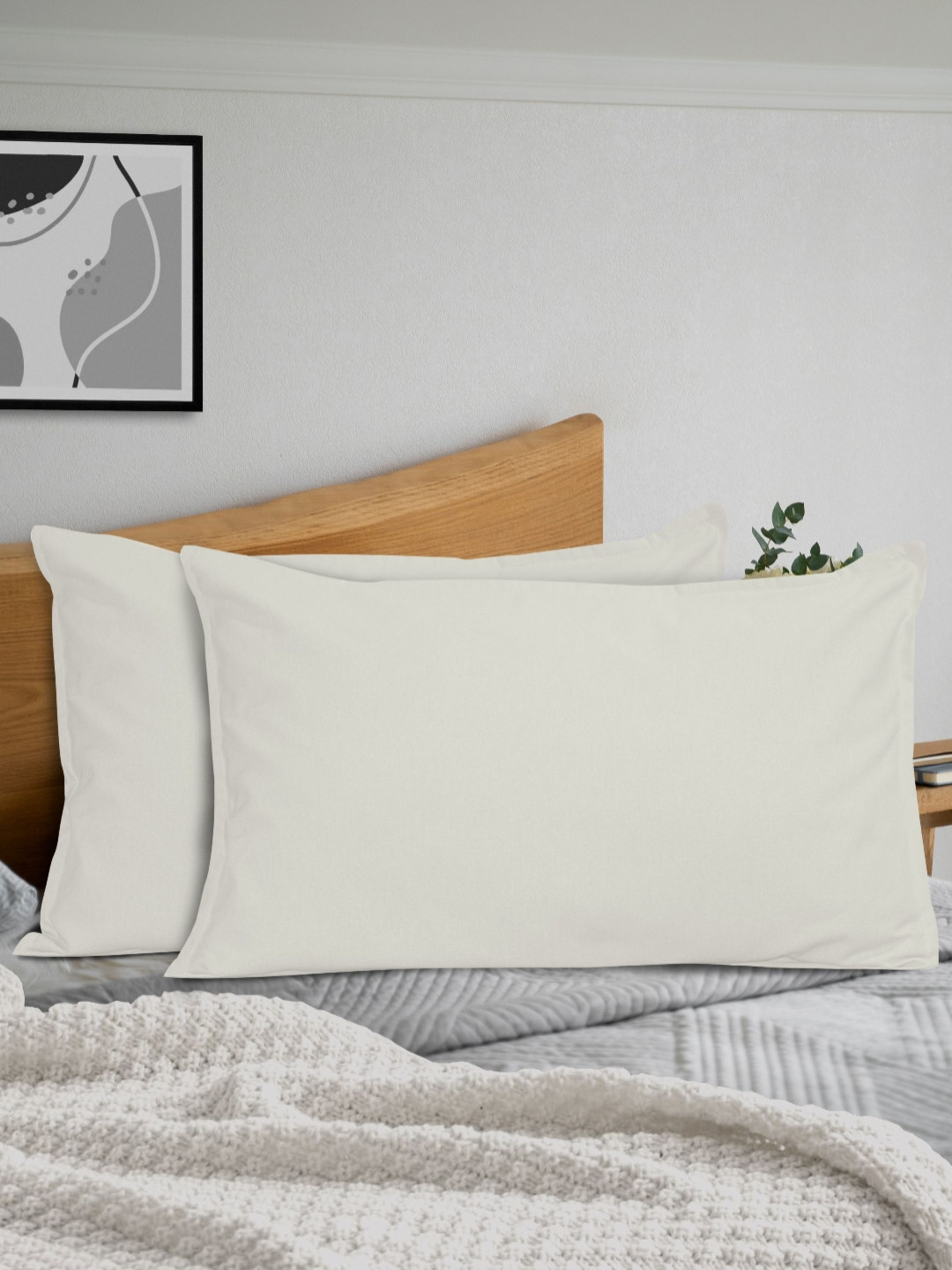 HOME COLORS.IN Cream 2 Pieces Pure Cotton Rectangle Pillow Covers