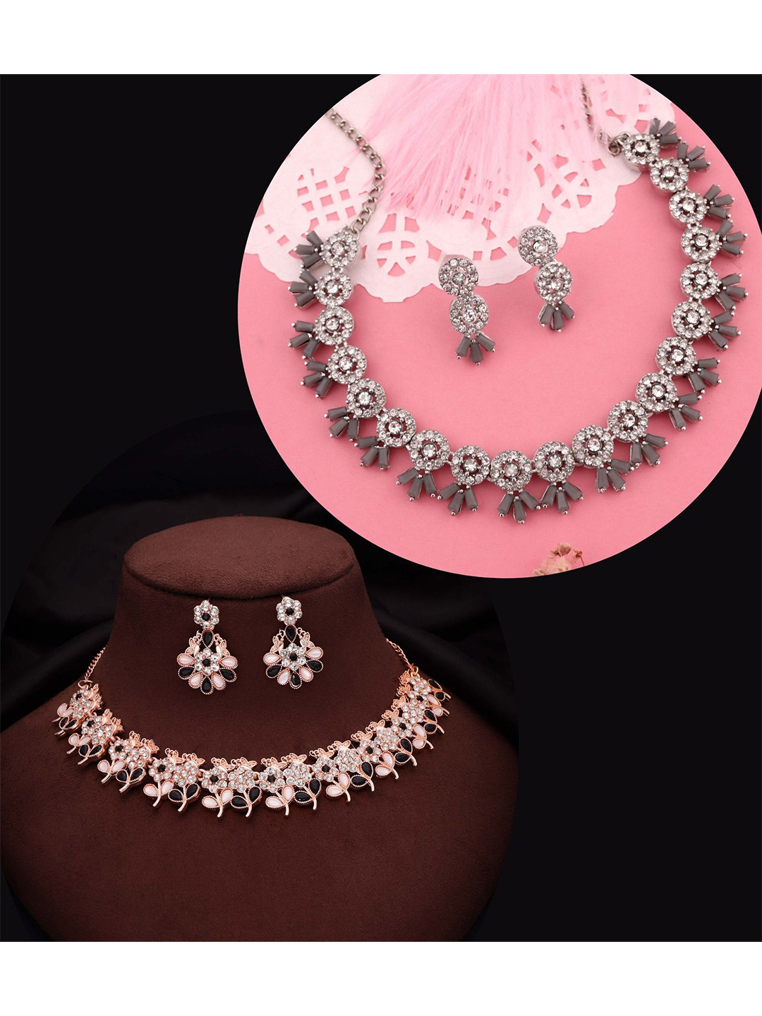 DIVASTRI Set Of 2 Rose Gold And Silver-Plated American Diamond-Studded Jewellery Set