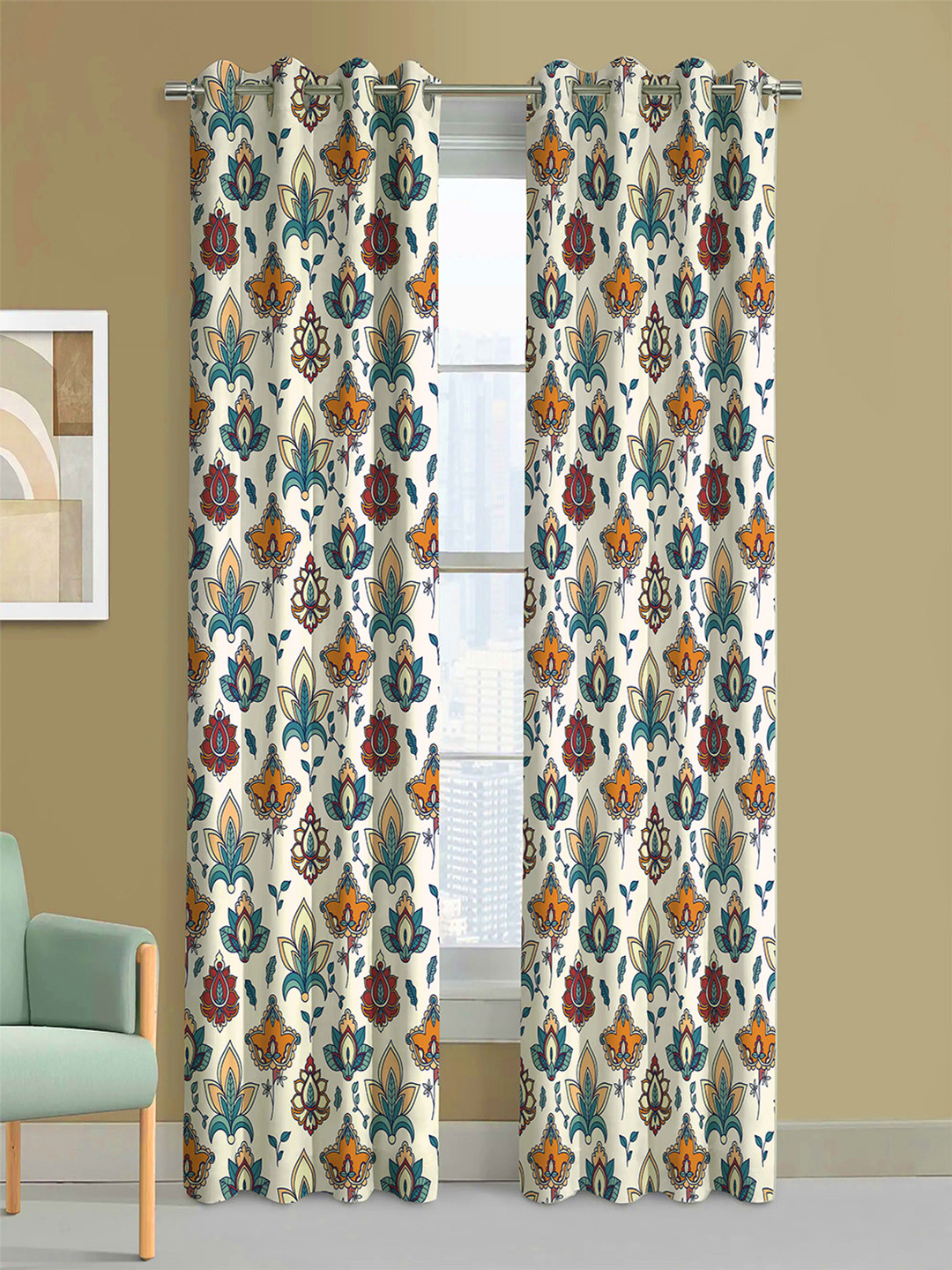 Steve & Anderson Indian Motifs Mustard & White 2 Pcs Black Out Long Door Curtains (9Feet)