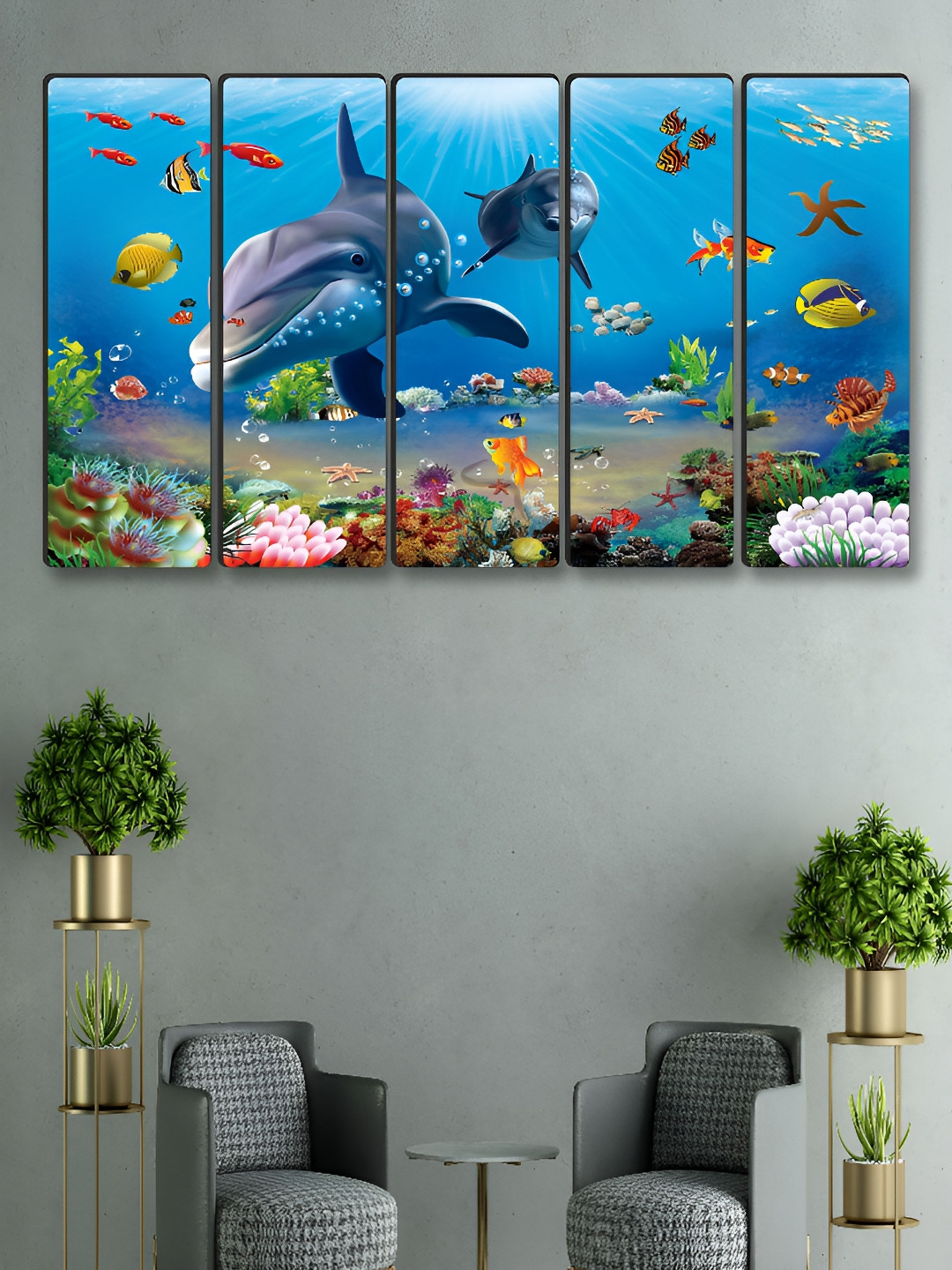 Myntra Elegant Homes Blue And Green 5 Pieces Canvas Abstract Wall Paintings