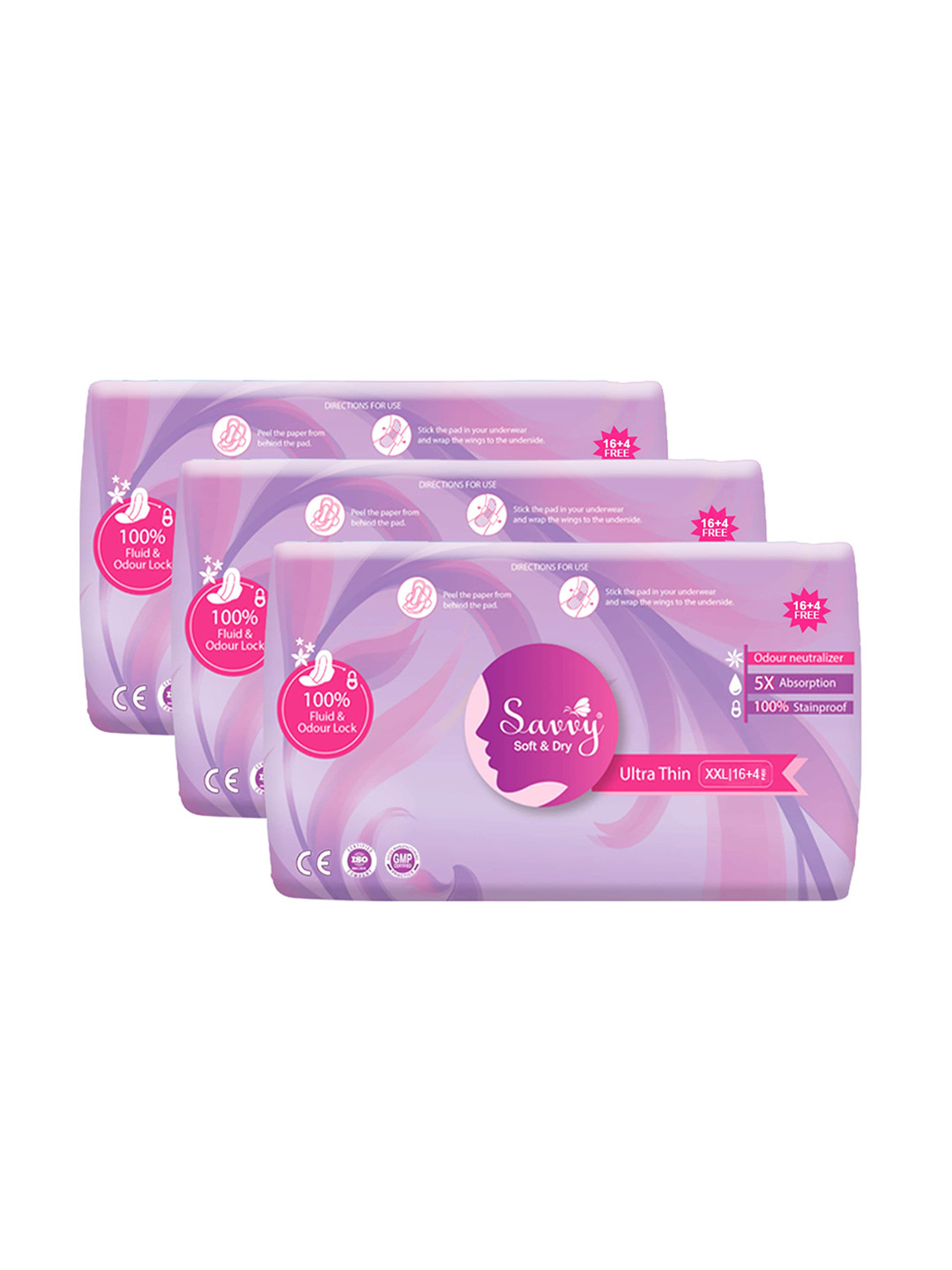 Savvy Set Of 3 Ultra Thin Ultimate Protection Cotton Sanitary Napkins XXL - 20 Pads Each