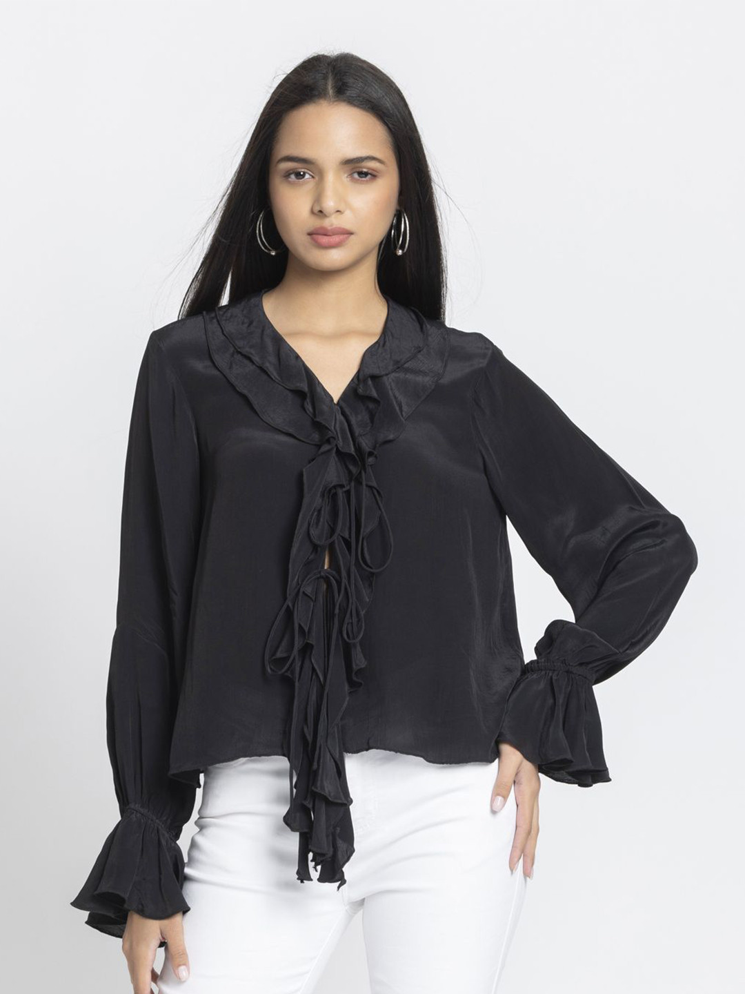 SHAYE Women Shaye Black V-Neck Solid Full Sleeves Casual Tops