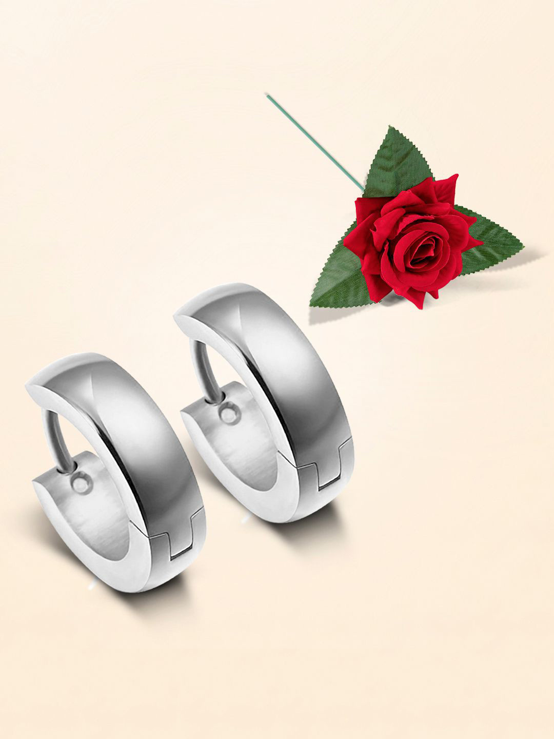 Peora Mens Stainless Steel Silver-Plated Hoop Earrings With Red Rose Gift Set